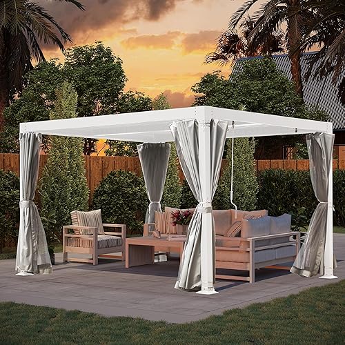Miniatura 6 de Pergola con listones de 10 x 10 pies, toldo de aluminio para exteriores con cortinas de techo ajustables y malla para patio, terraza, jardín, patio,