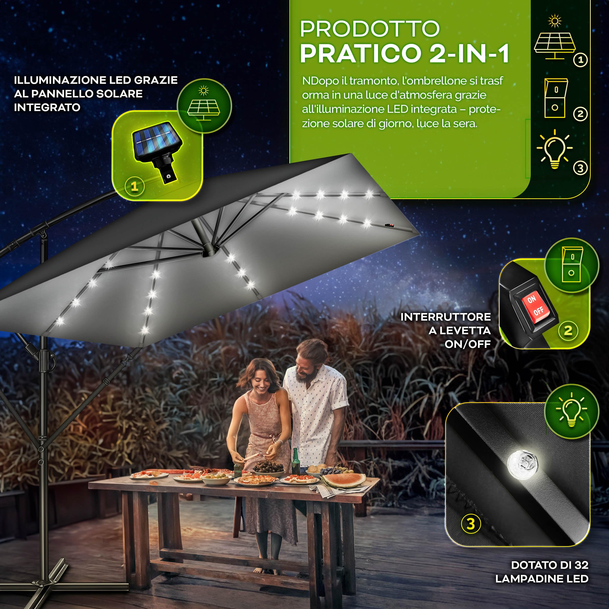 tillvex® Ombrellone da Giardino Rettangolare Ø 330 cm + Copertura con Manovella | Ombrellone Decentrato con Base & Protezione Antivento | Impermeabile & Girevole a 360°
