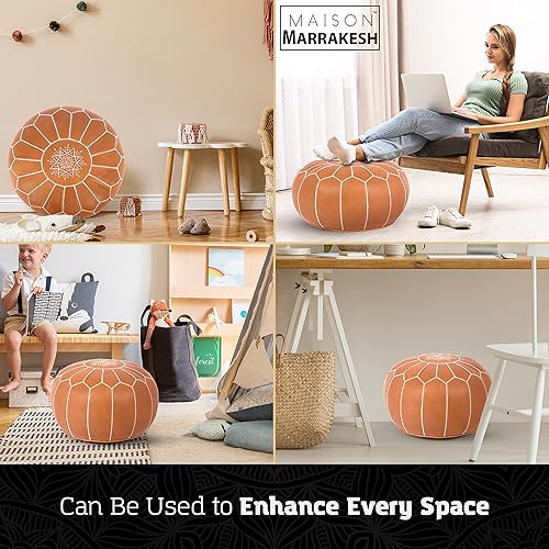 Miniatura 7 de hermoso taburete de cuero hecho a mano original de Marruecos. Color marrón oscuro con costuras blancas. Se entrega sin rellenar