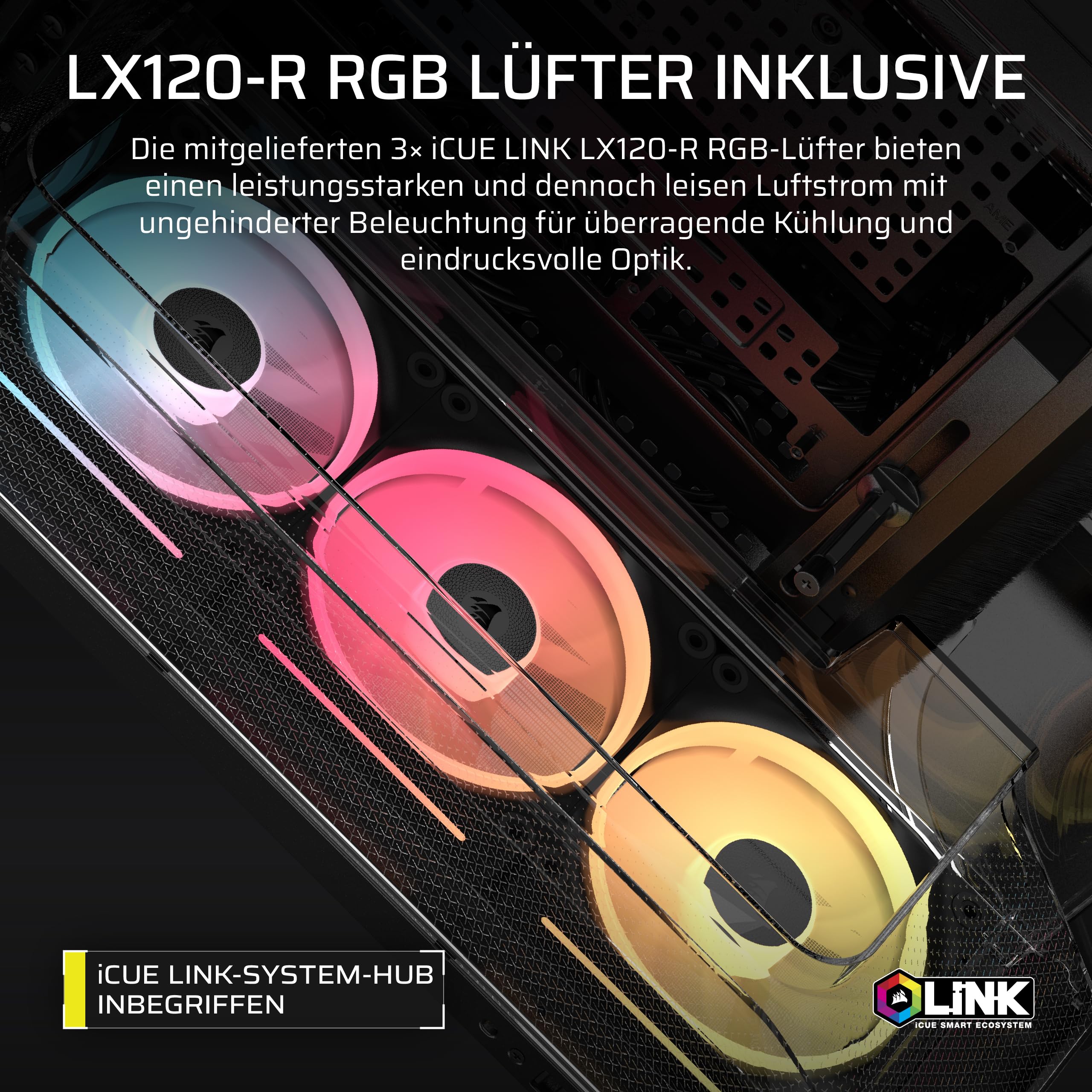 CORSAIR AIR 5400 LX-R RGB iCUE LINK Mid-Tower PC-Gehäuse – Schwarz | Dreifach-Kammer, 3x Vorinstallierte Reverse-Rotor LX-R RGB-Lüfter, Reverse Motherboard-Unterstützung