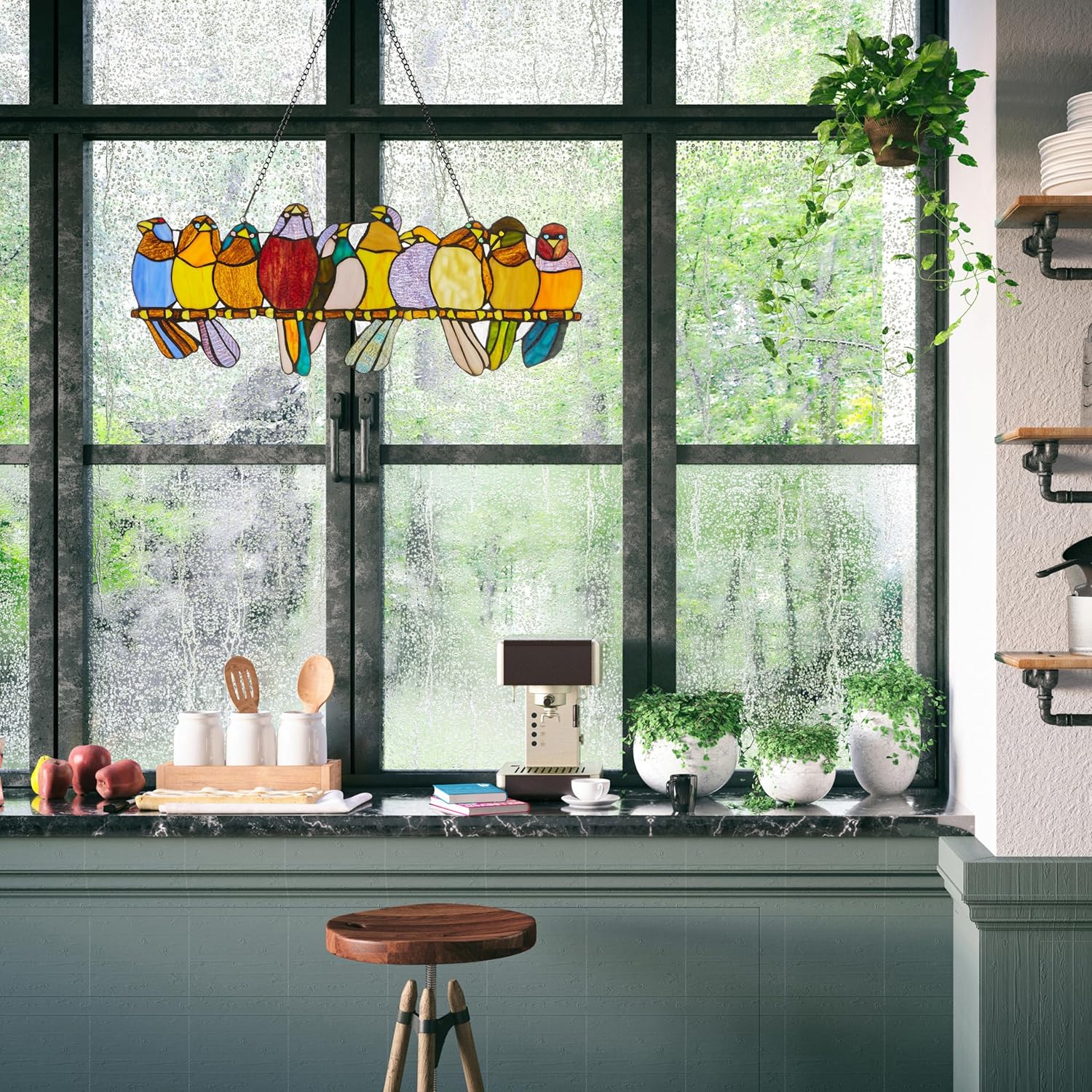 RIVER OF GOODS Stained Glass Bird Suncatcher - Handcrafted Window Hanging - 162-Piece Stained Glass Art - Vibrant Decor for Home, Office, Kitchen, and Bathroom - 24.25” L x 9.5" H