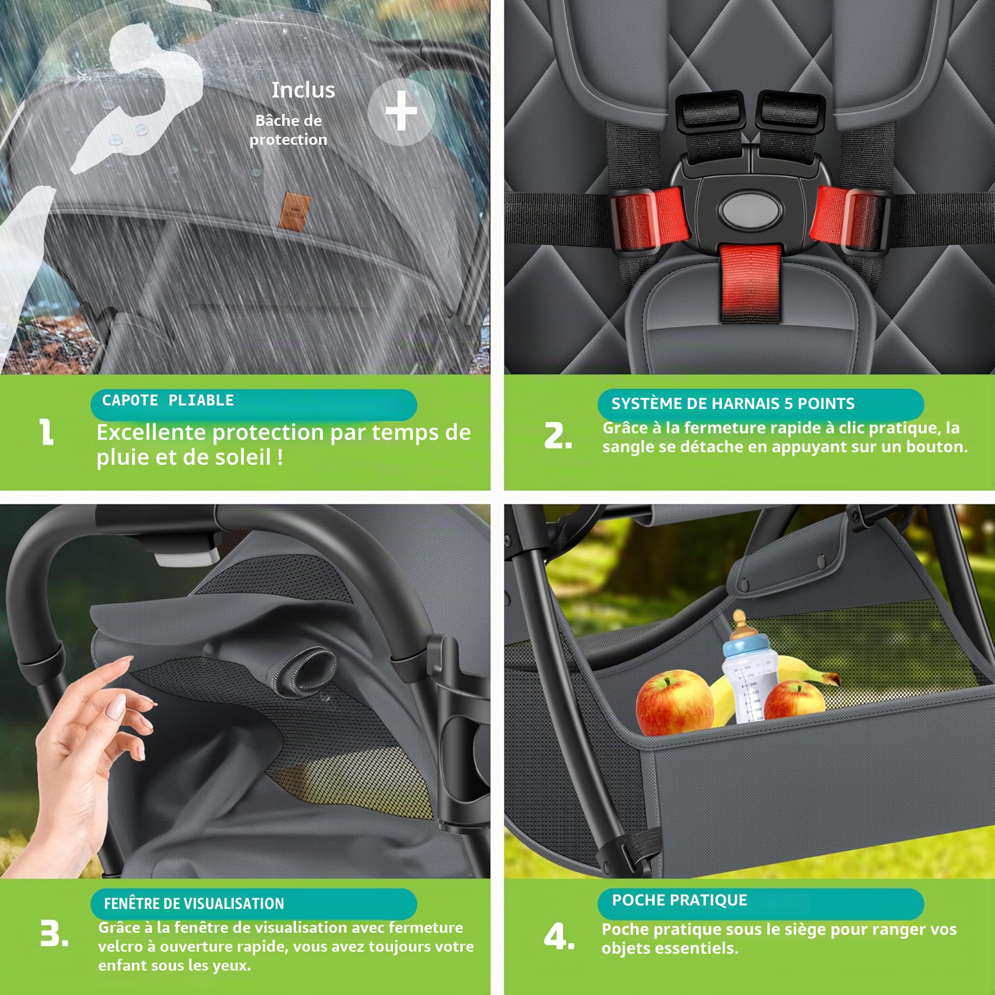 KIDIZ® Poussette Premium Pliable 360°Roues Harnais 5 Points Incl. Porte-boisson & Housse de pluie, Dossier réglable & Capote pare-soleil, Anthracite