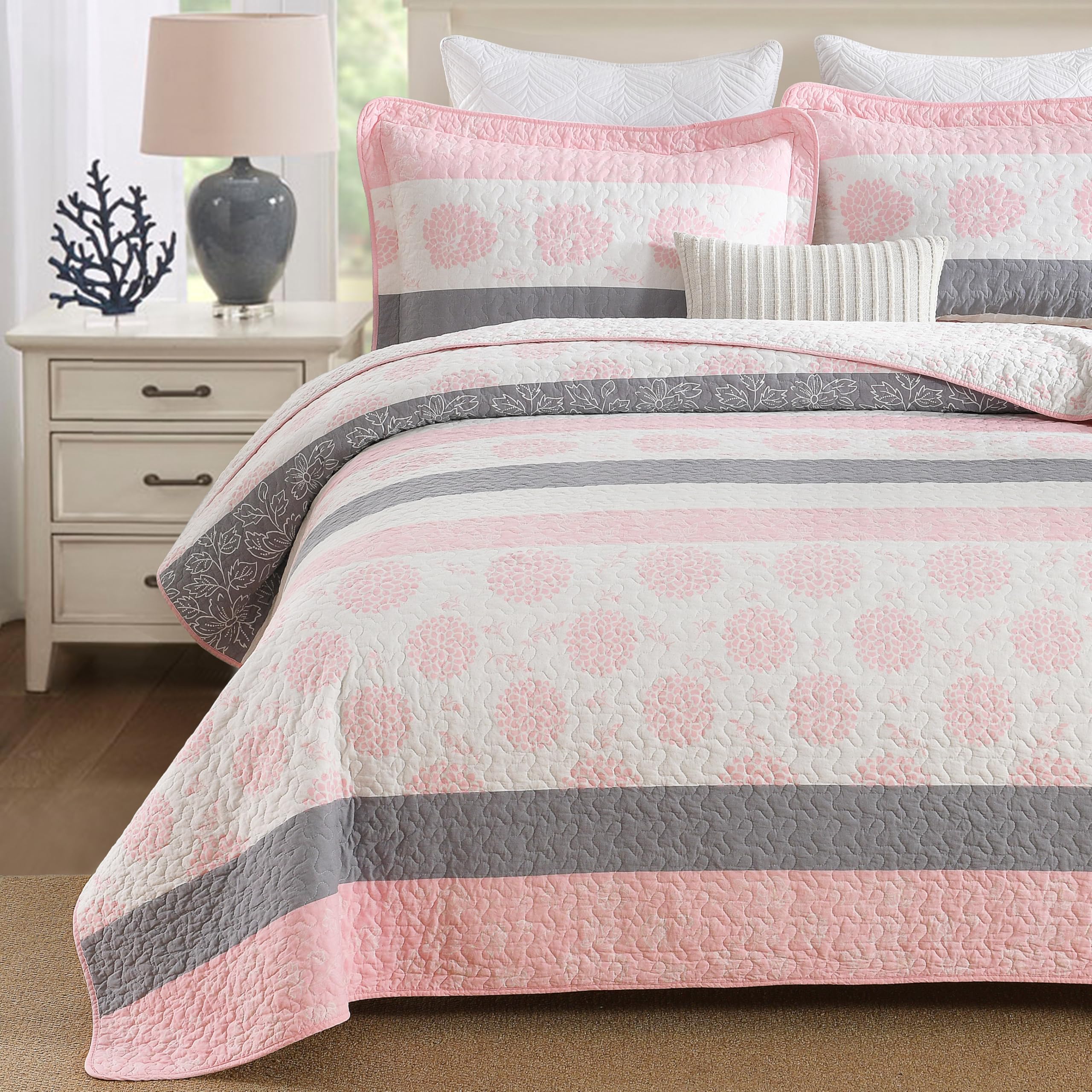 Homzard Quilts Queen Size,Cotton Pink Comforter Set Queen,Pink White Grey Bedding Set,Striped Floral Pattern Bedspread (90 * 98 Inches),3 Piece