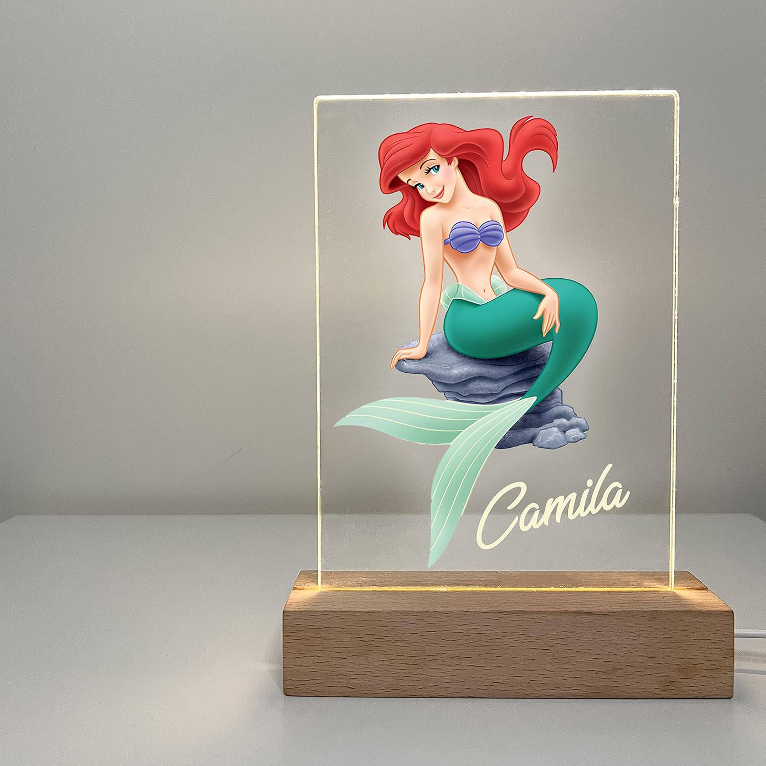 Mermaid Under The Sea Premium Wood Base Stand Soft Night Light Up Table Desk Lamp LED Princess Sign Personalized Free with Your Name On It, Girls Room Decor, A Must Have!
