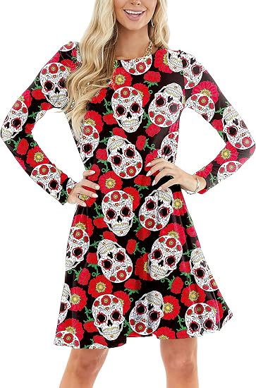 Deerose Women Halloween Dress with Pockets Funny Long Sleeve Outfits