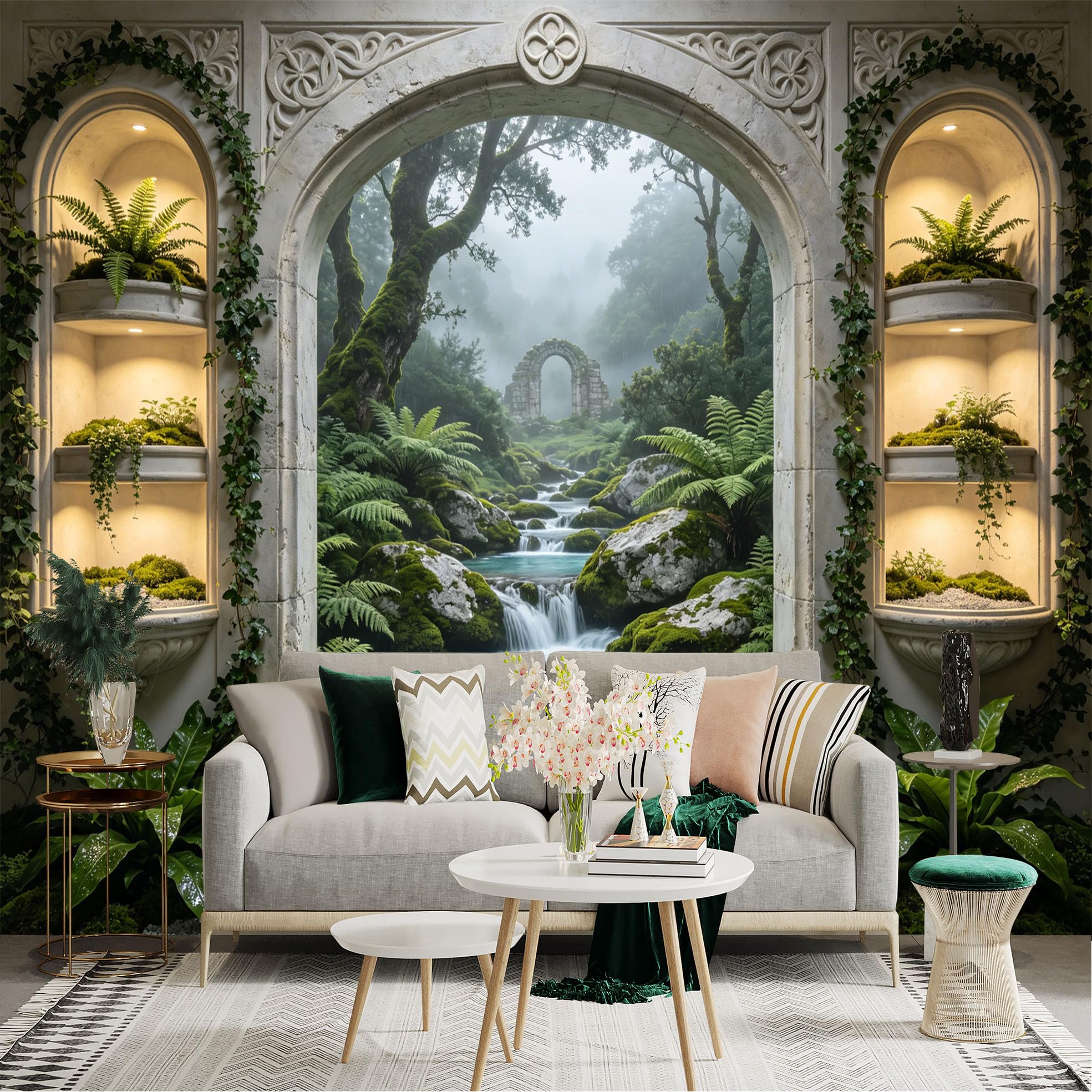 Lnzczhyre Dbh260521618 Custom Size Wall Sticker Mural， Enchanted Stone Archway， Misty Mossy Forest， Peaceful Flowing Stream， Lush Fern Garden， For Wall Decoration， Peelandstick Wall Decals.