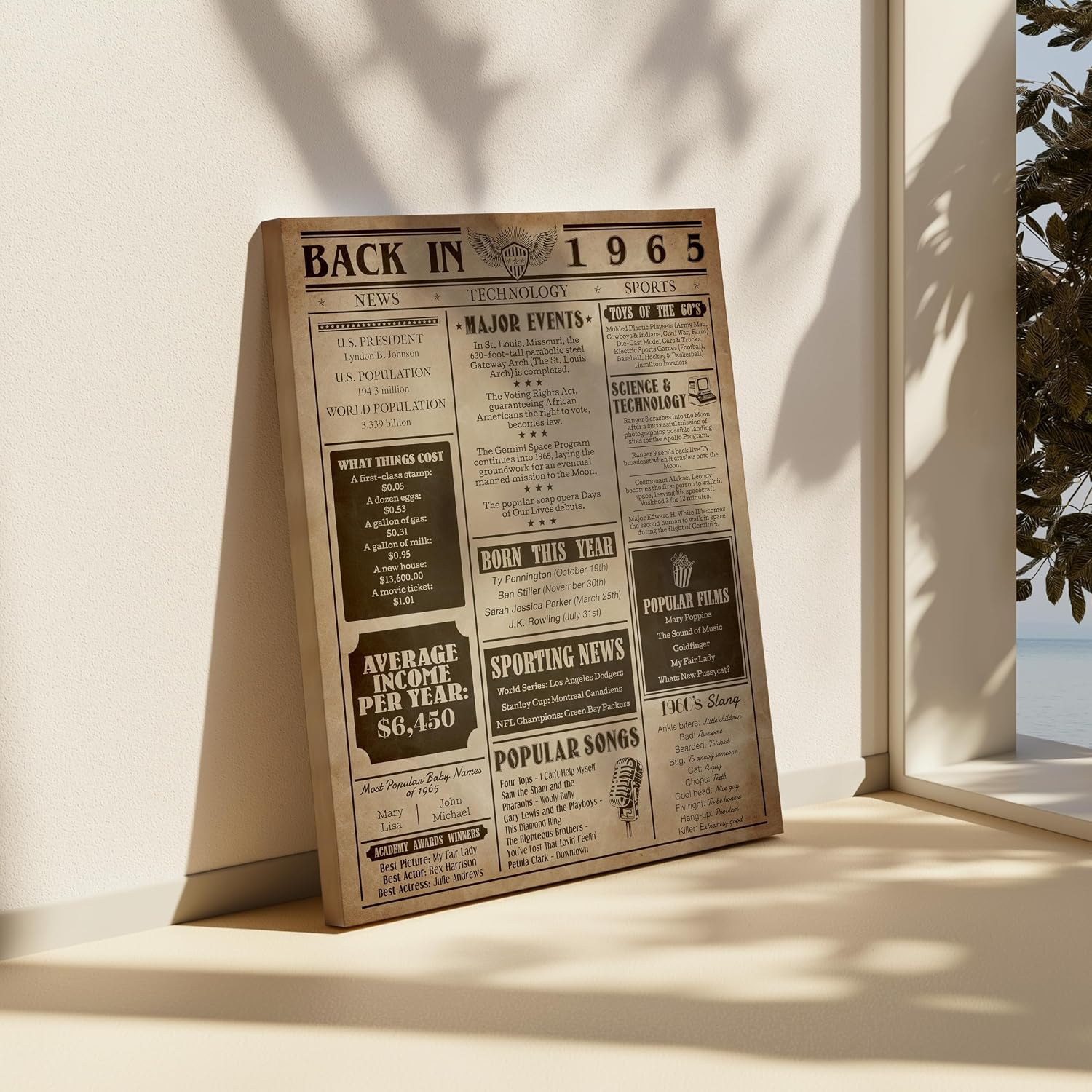 Poster Master Back in 1965 Canvas - Newspaper Print - Fun Facts Art - Year 1965 in Review Sign - Birthday Gift Idea - Birth Newspaper Art - Great Office or Party Decor - 8x10 STRETCHED Canvas