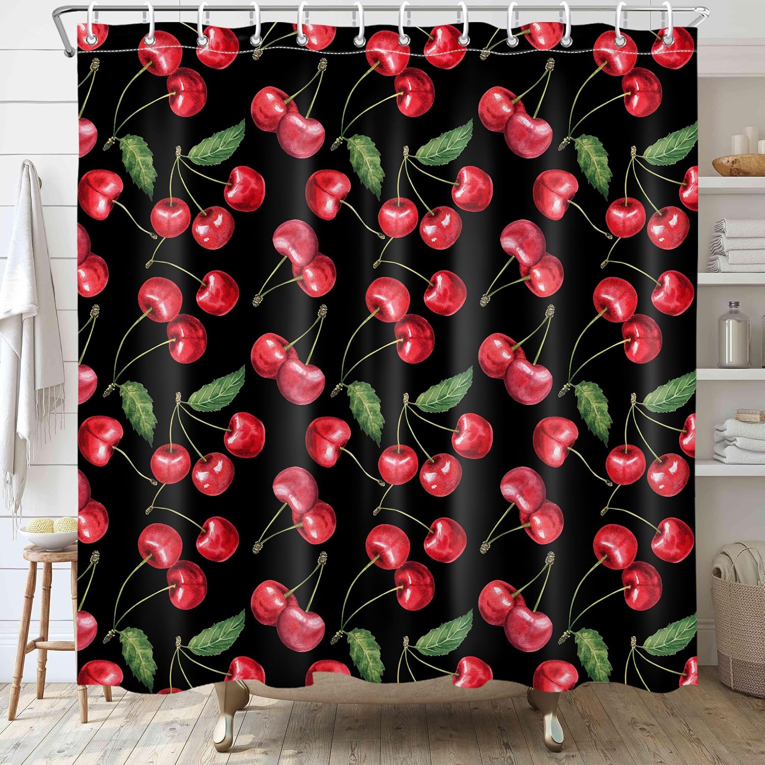 Girly Cherry Shower Curtain Cute Pretty Bathroom Décor Fun Kawaii Shower Curtain Pink Cloth Fabric Shower Curtain Black