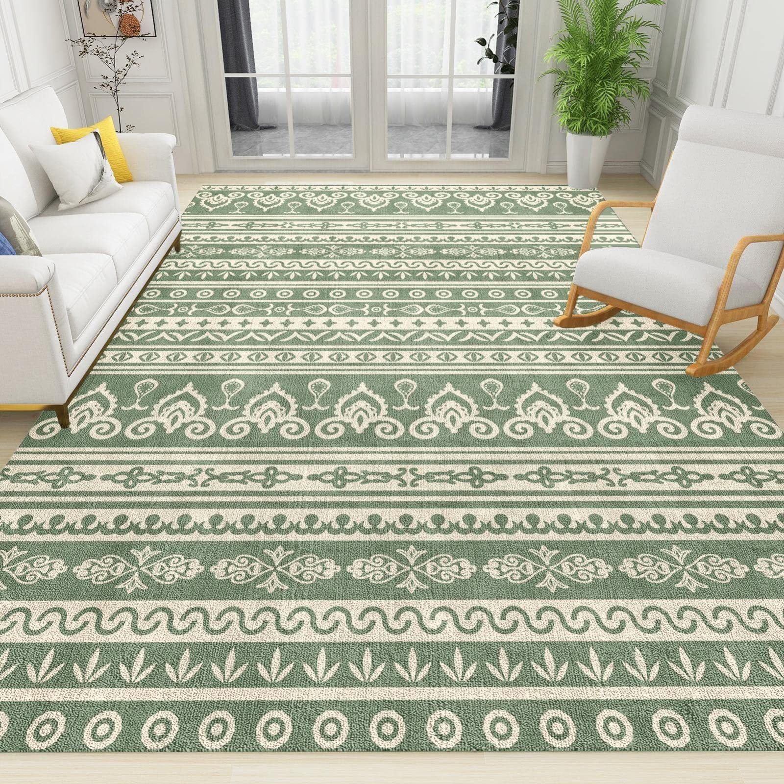 Tapis moderne à rayures tribales - 140 x 200 cm - Vert sauge - Antidérapant - Résistant aux taches - Tapis de sol pour salon - Design doux et durable