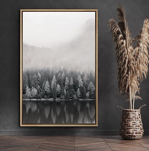 Miniatura 2 de SIGNFORD Lienzo enmarcado para pared, reflejo de bosque y lago, naturaleza, desierto, fotografía, realismo, contemporáneo, escénico, blanco y negro