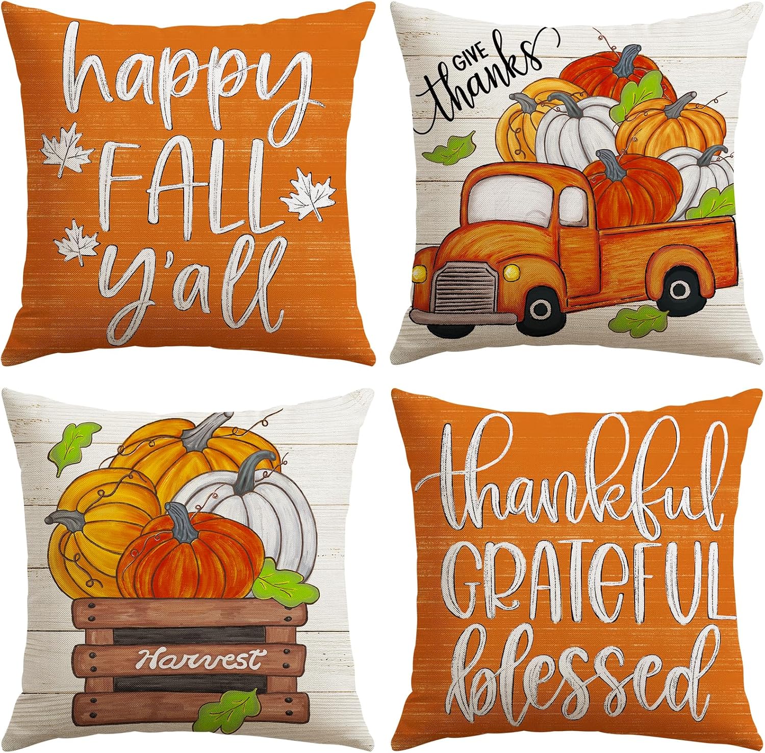 Artscope Fall Decorative Throw Pillow Covers 18x18 Inch Set of 4, Happy Fall Pumpkin Truck Thankful Grateful Blessed Outdoor Farmhouse Pillow Cases for Home Sofa Couch-Orange