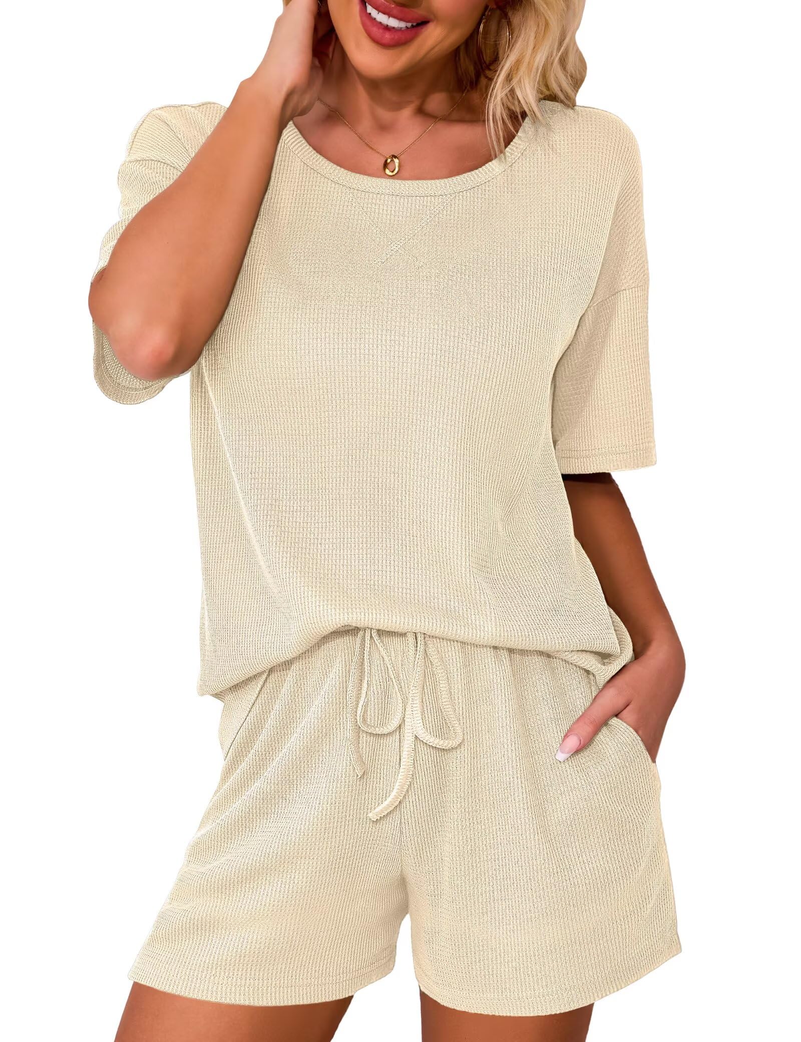 Ahlaray Women's 2 Piece Outfits Casual Summer Short Sleeve Tops and Shorts Lounge Sets With Pockets,M-3XL