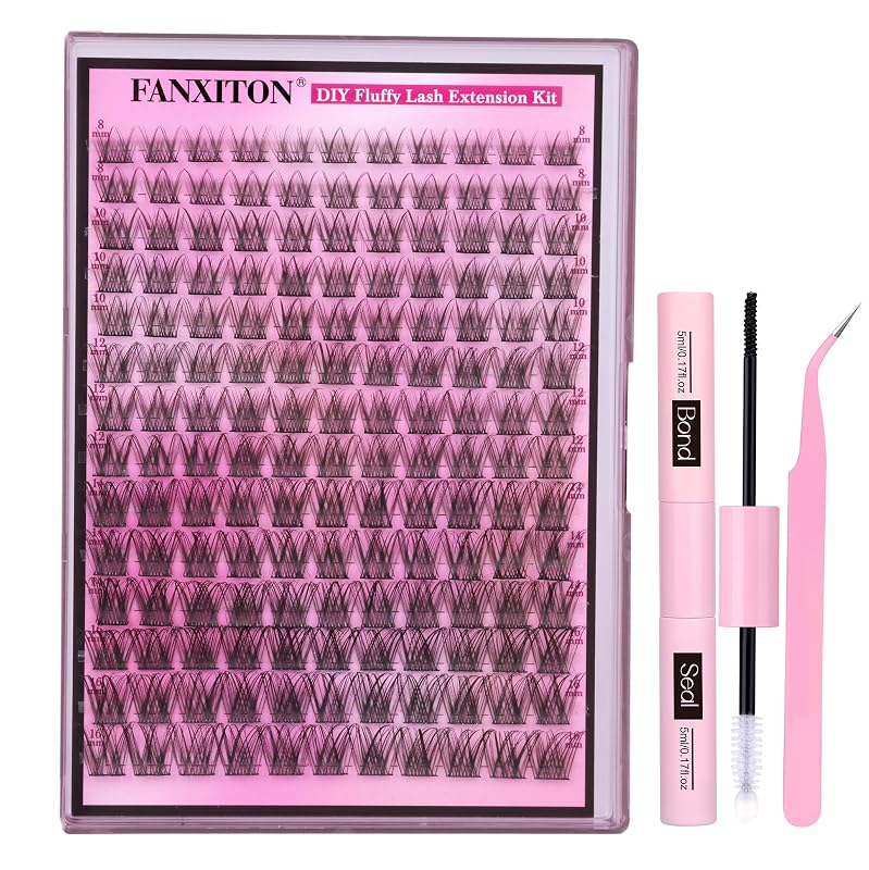 Kit de cílios postiços FANXITON com 154 tufos, curvatura D, 8–16 mm, cola e pinça