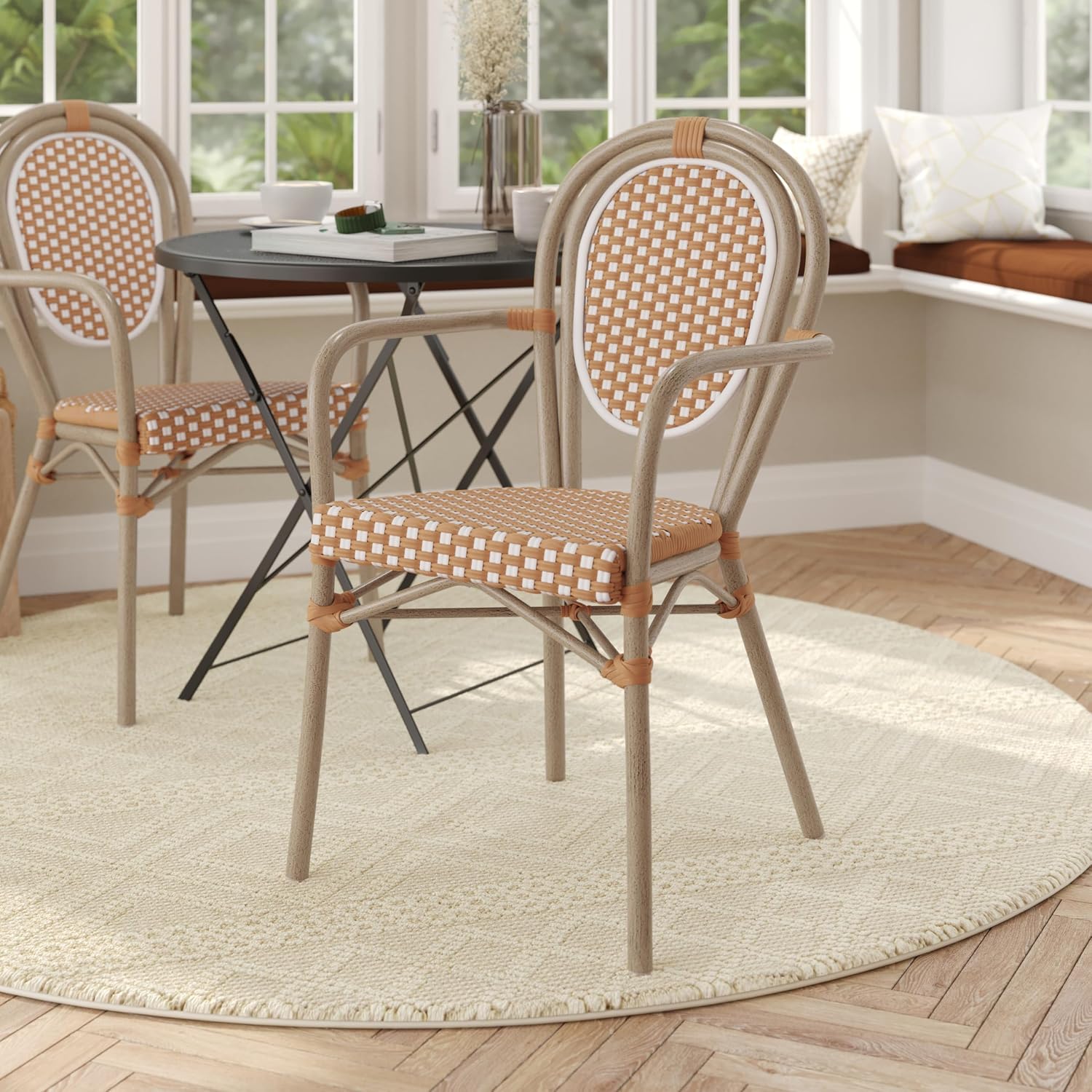 Flash Furniture Lourdes Indoor/Outdoor Commercial Thonet French Bistro Stack Chair - Curved Arms - NAT/White PE Rattan Back and Seat - Lt NAT Bamboo Print Metal Frame