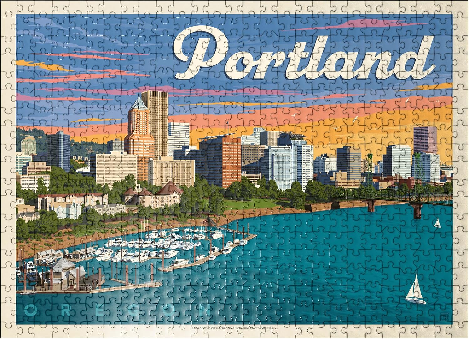 MyPuzzle Portland, Oregon: Waterfont Skyline, Vintage Poster - Premium 500 Piece Jigsaw Puzzle for Adults