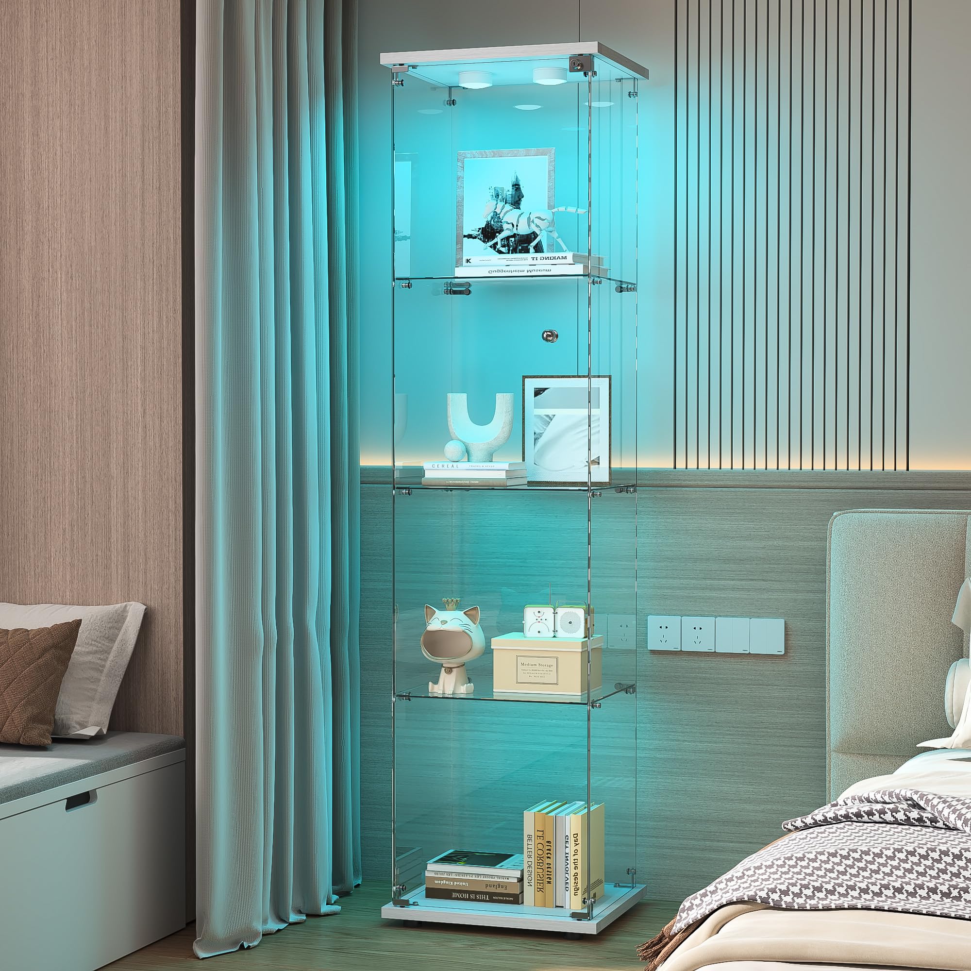 Vitrine en Verre avec LED,Armoire Vitrine pour Collection,1 Portes à Serrure,4 Étagères Adjustables, 164x42x36cm, Blanc