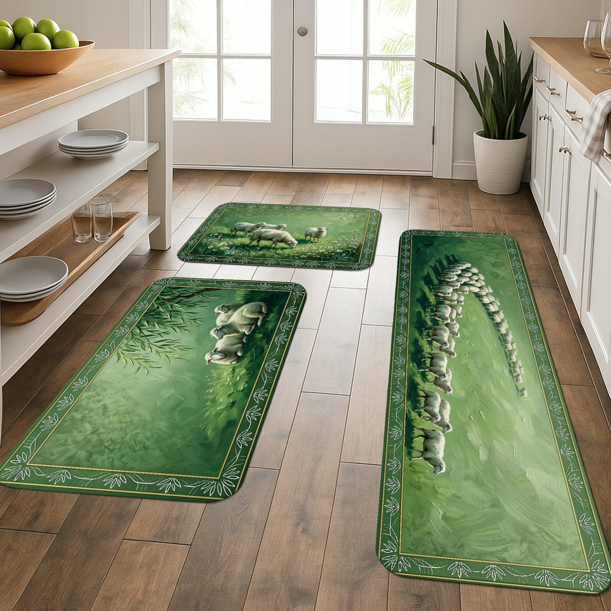 Tapetes de cocina Green Nature acolchados con hojas florales de 3 piezas