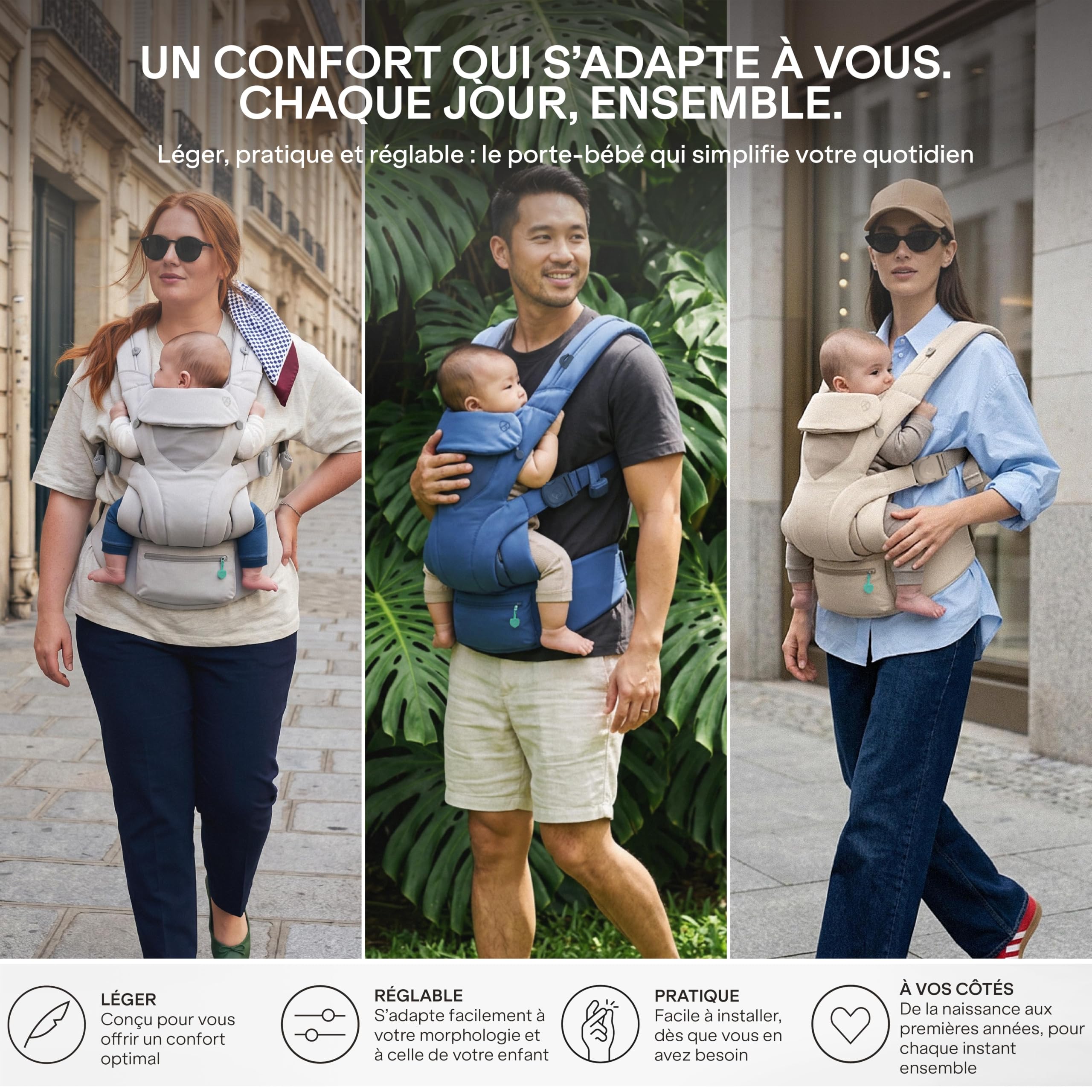 Koala Babycare Porte Bebe Physiologique Évolutif 0-36 Mois (3,2-20,4 kg) - Siège Réglable Breveté en 3 Positions, Baby Carrier Ergonomique, Face Parent, Face au Monde et Dos
