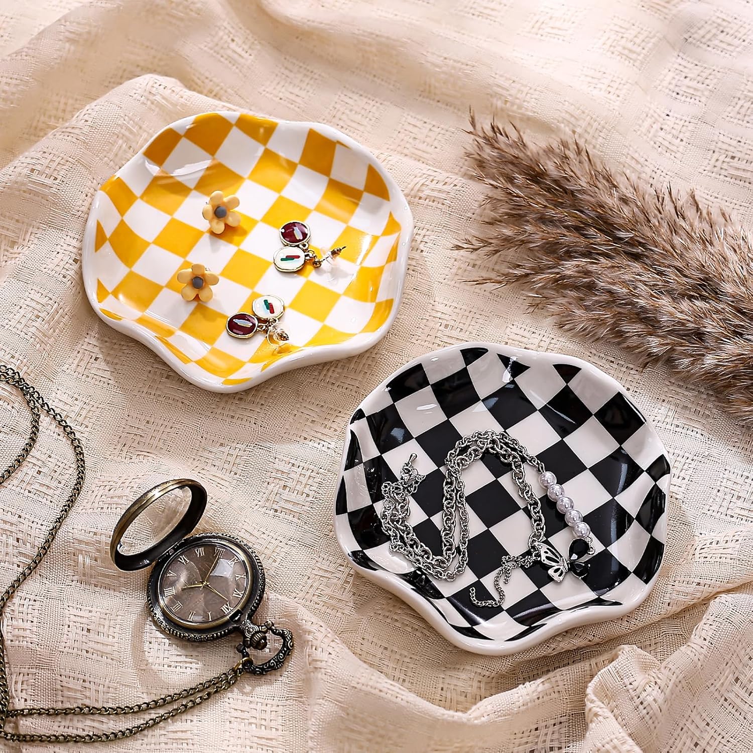 Koythin Ceramic Jewelry Tray, Checkered Pattern Aesthetic Decorative Trinket Dish for Rings, Earrings Necklaces Bracelet Watch Holder, Small Key Bowl, Birthday Mother's Day for Women (Black) - Image 6