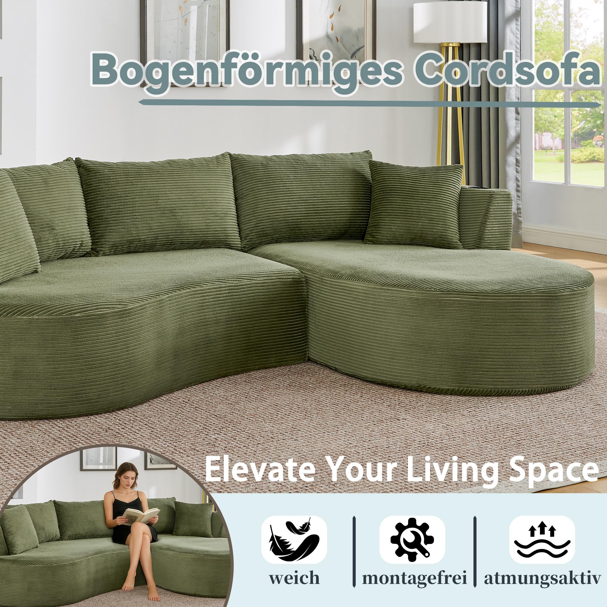 Muskel 3-Sitzer Kompressionssofa,Rechte Chaiselongue+2-Sitzer, Bogenförmiges Design, weicher Kordstoff, mit Getränkehalter und Kissen, vakuumverpackt, für Wohnzimmer, Hotel, Apartment und Büro,Green