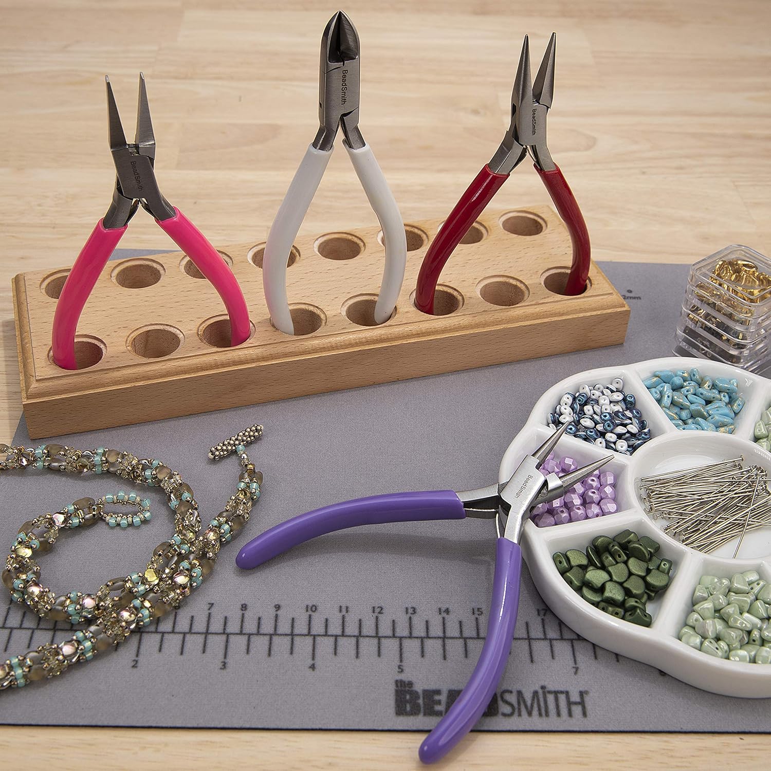 The Beadsmith Color-ID Set – 4.75”, 4-Pieces Includes: Chain Nose, Round Nose, Side Cutter, Flat Nose, & Leatherette Case – Double Leaf Spring, PVC Comfort Handle – Tools for Jewelry Making