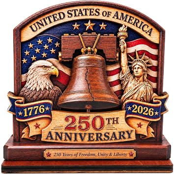 250th Anniversary USA Decorations 1776-2026, United States 250th Anniversary Wooden Plaque, Patriotic Table Decor with Liberty Bell Eagle Statue of Liberty, 250 Anniversary USA Merchandise
