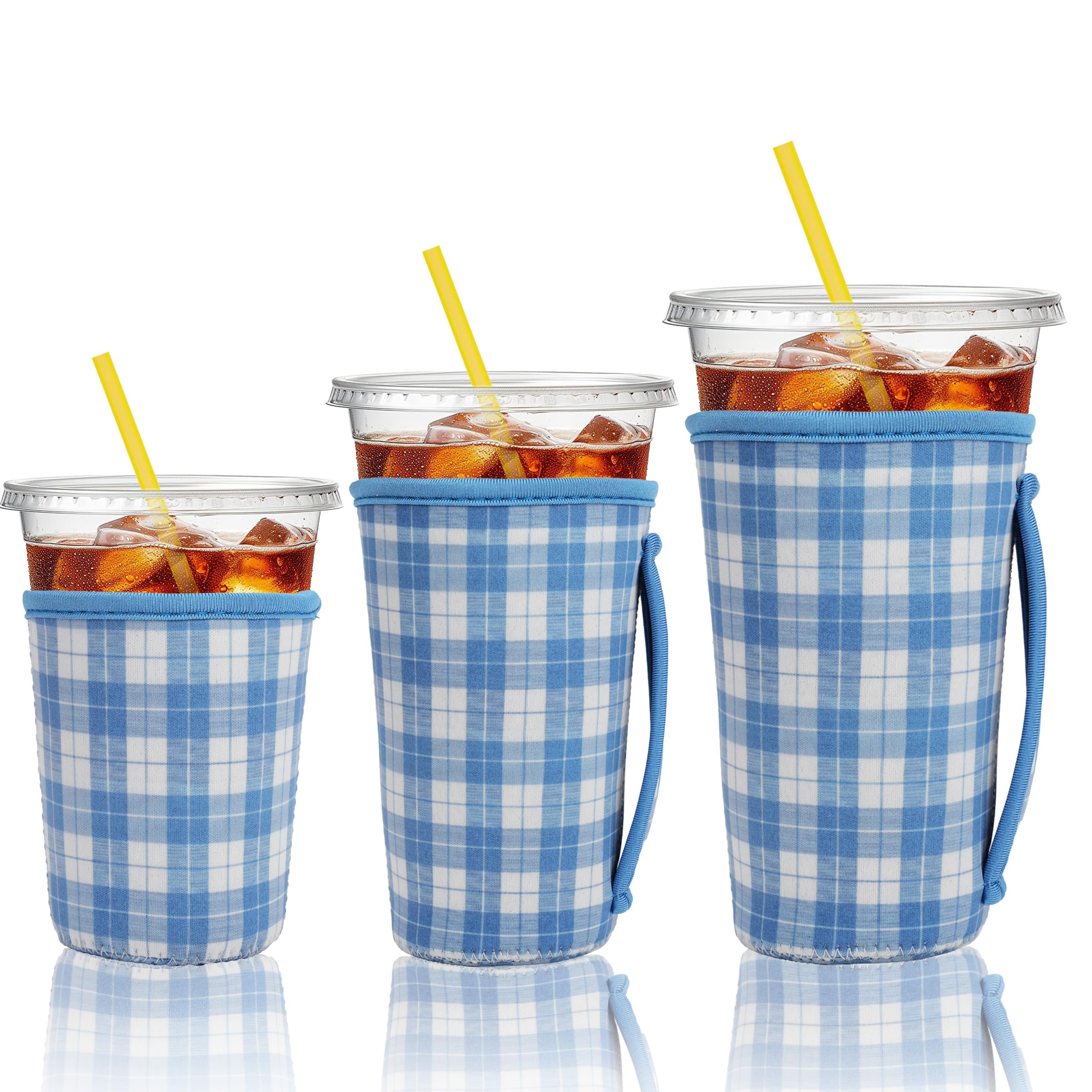 KJQJLY 3 Reusable Iced Coffee Sleeves for Iced Coffee Cups or Drinks Reusable Neoprene Insulated Sleeves for Hot and Cold Drinks from Starbucks, Dunkin, And More (Preppy Blue Plaid)