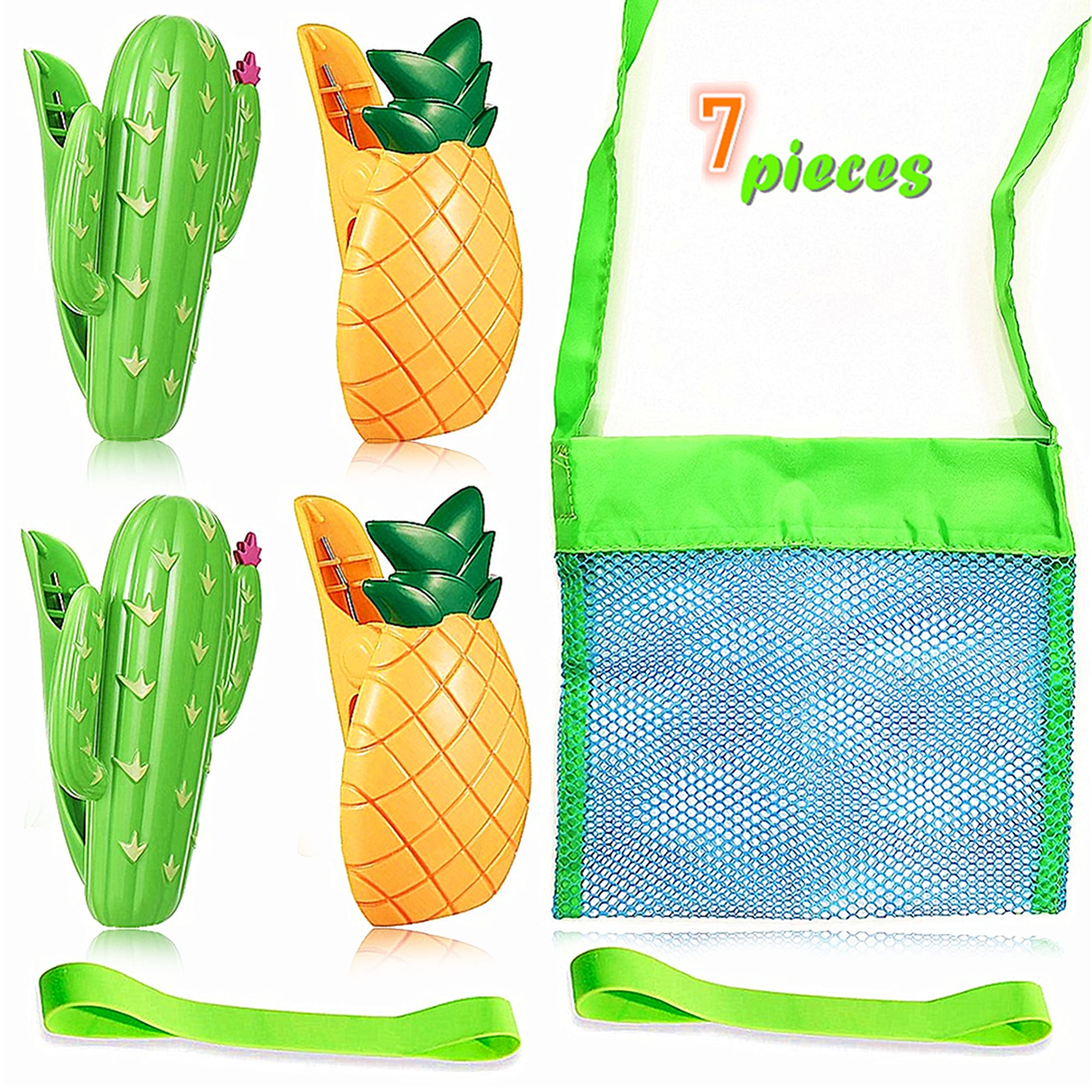 Cute Beach Towel Clips Kit - Cactus Pineapple Decorative Clip with Fun Mesh Bag and Beach Chair Clips Bands Plastic Large Sun Cruise Towels Holder Pool Lounge