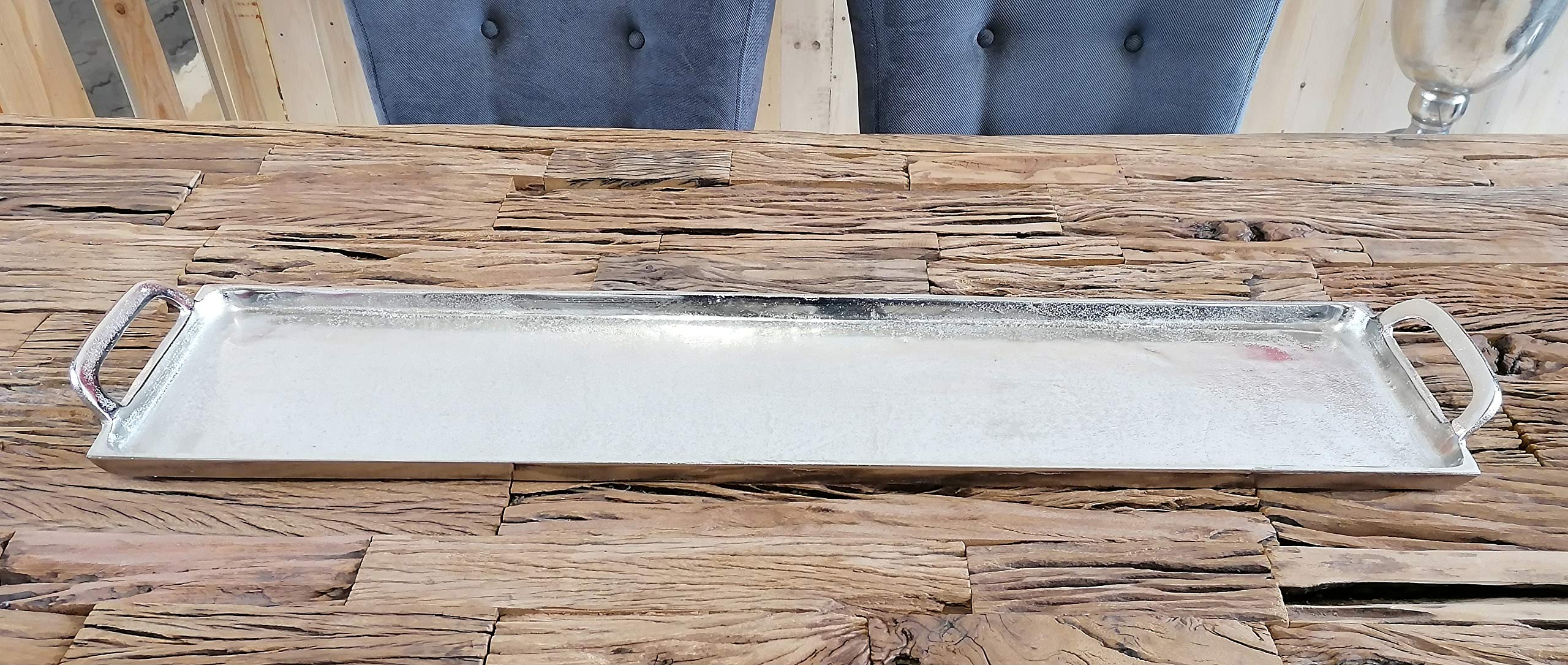 Tablett Servierbrett Servierplatte Küchentablett Aluminium Silber Griffe - Serviertablett aus Metall - Silbertablett - Deko Dekoration - Weihnachtsdeko für Wohnzimmer, Esszimmer oder Küche XXL 95 cm