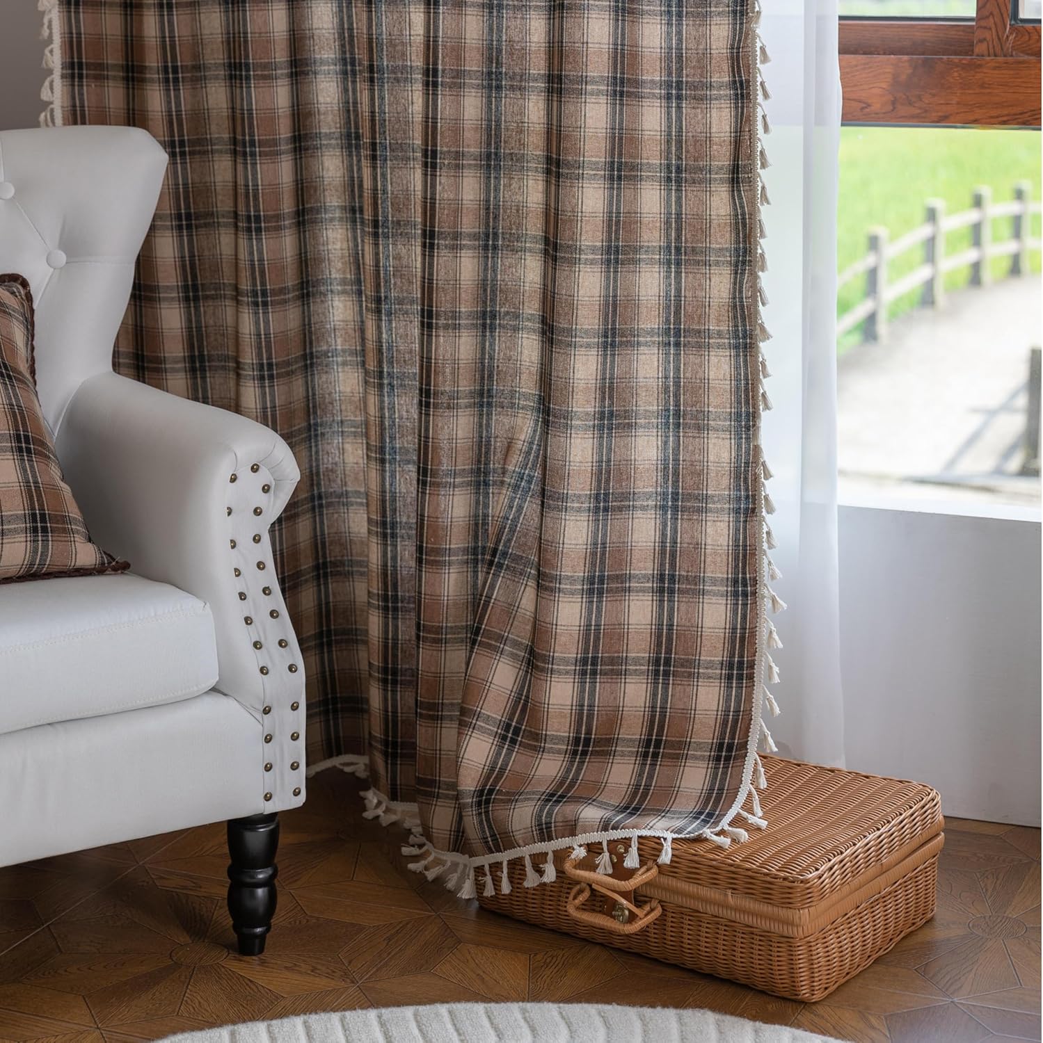 Plaid Curtains 63 Inch Length, Light Filtering Window Drapes with Rod Pocket and Handmade Tassels, 2 Panels, Tartan Curtains for Living Room Bedroom,Brown