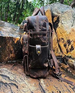 Buffalo Leather Backpack Multi Pockets Daypack Travel Laptop Bag for Men Women