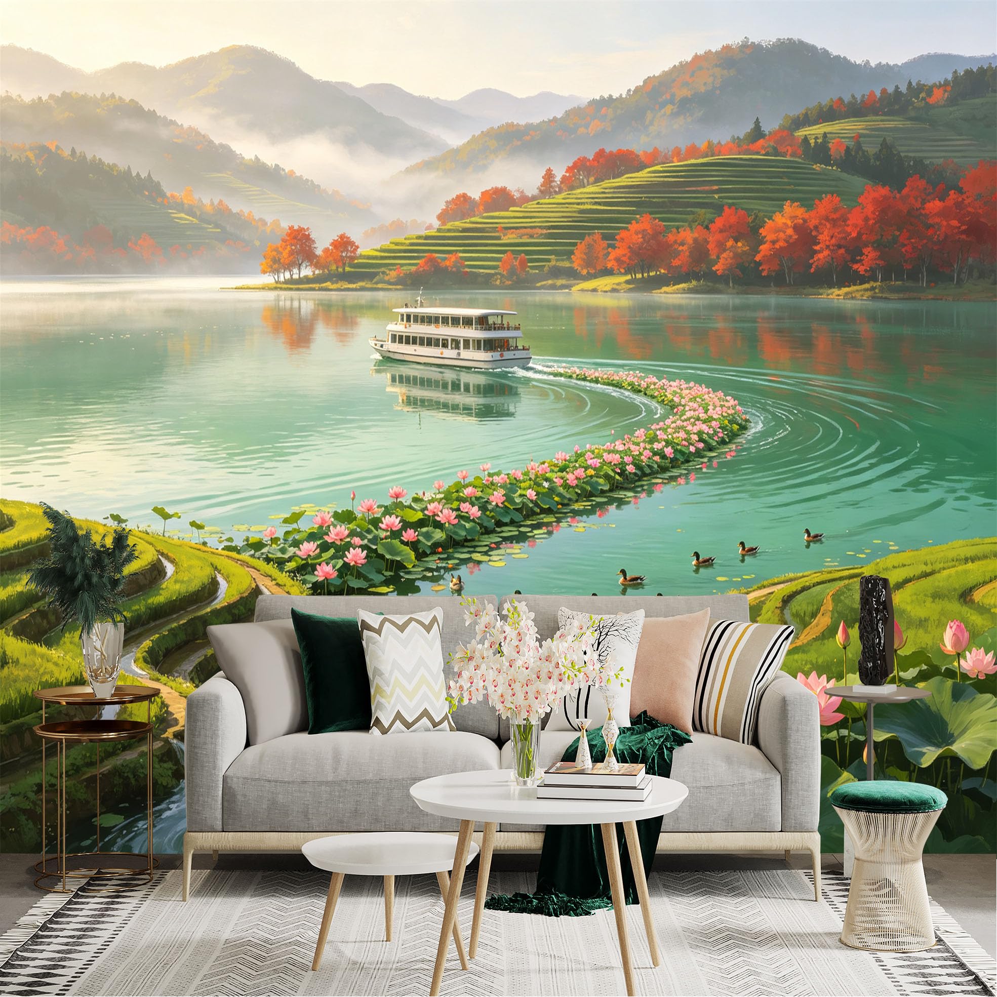 Custom Size Wall Sticker Mural， Serene Lake with Lotus Flowers， Sightseeing Boat， Terraced Hills and Nature Landscape， for wall Decoration， peelandstick wall Decals.