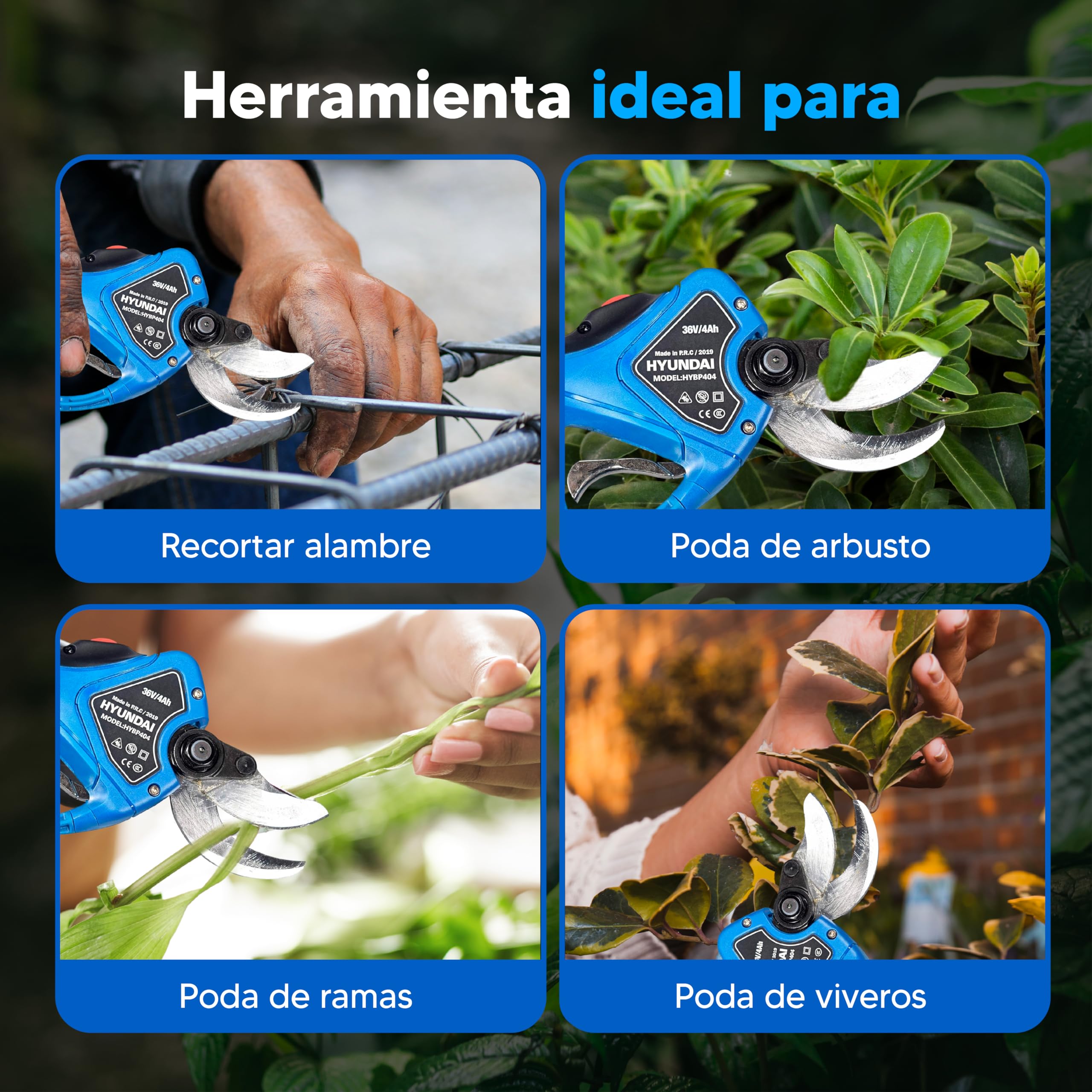 Hyundai Tijeras De Podar Electricas - Podadora a Bateria con Diámetro de Corte Ajustable - Podadora Electrica Jardin Potencia 144Wh y Voltaje 36V Trabaja de 6 a 8 horas con el 100% de carga
