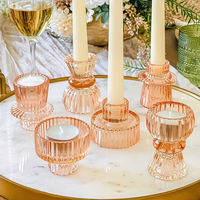 Vintage Ribbed Glass Rose Gold Candlestick Holders (Set Of 6) – Votive Tealight, Taper and Pillar Candle Holder Assorted Sizes for Dining Table Decor and Home Decor – Kate Aspen