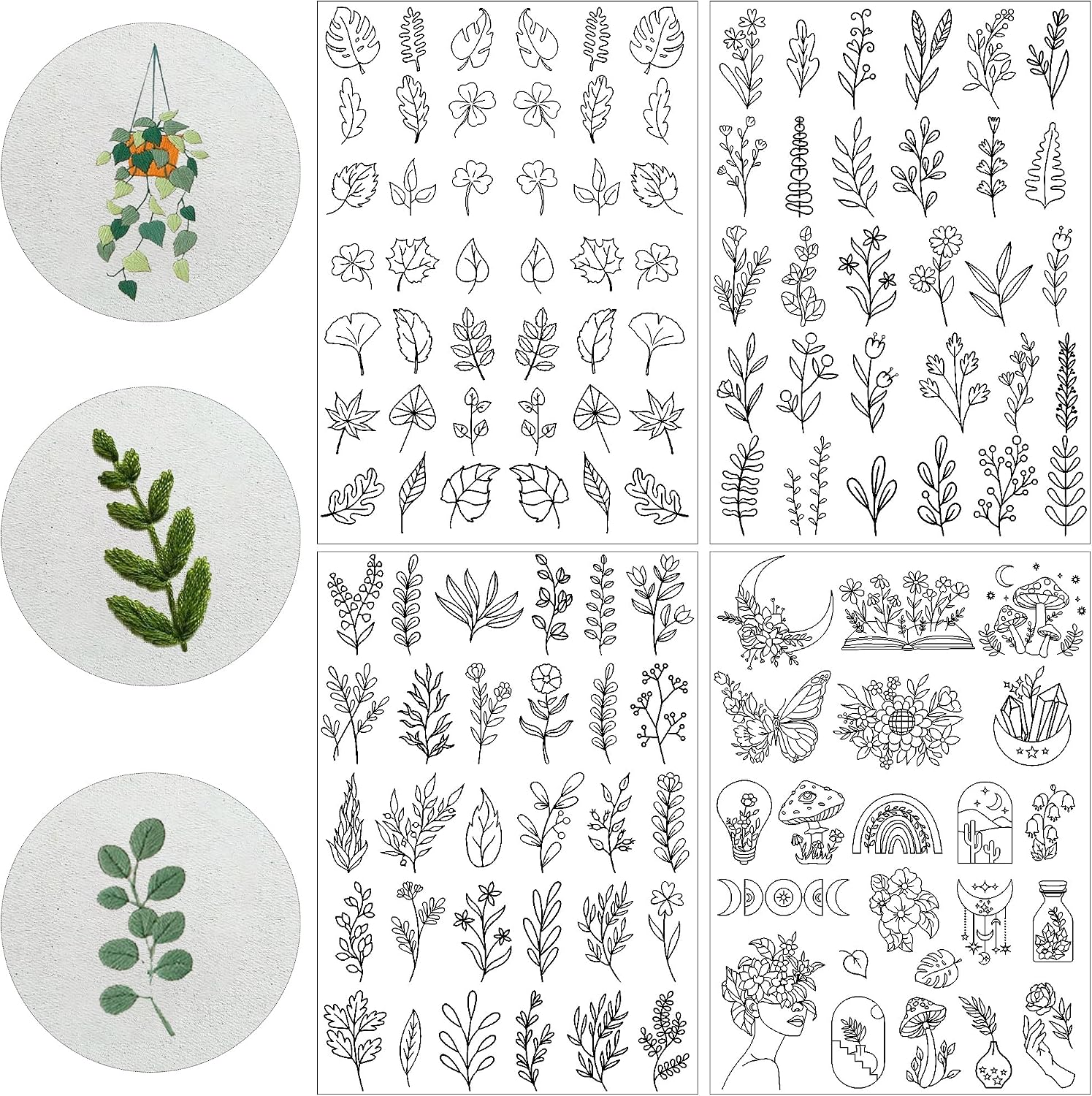 Water Soluble Stabilizer Embroidery Paper - Stick and Stitch Embroidery Paper Wash Away, 4 Sheet Embroidery Patterns, Leaves Butterfly Mushroom Book Flower, Hand Sewing Crafts