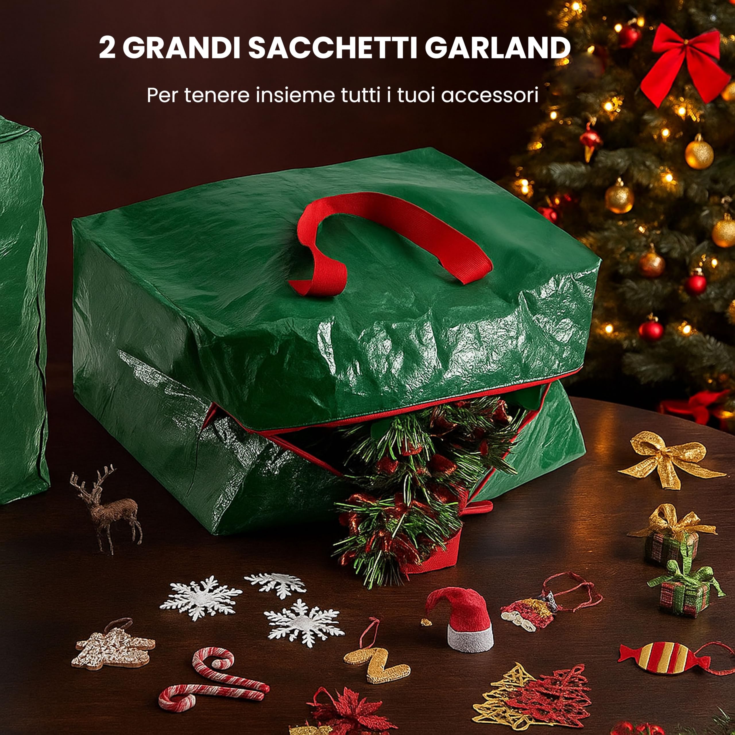 Borsa portaoggetti per alberi di Natale – Adatta ad alberi artificiali fino a 7,5 piedi – Set da 3 pezzi con 2 borse decorative – Maniglie rinforzate resistenti e cerniera