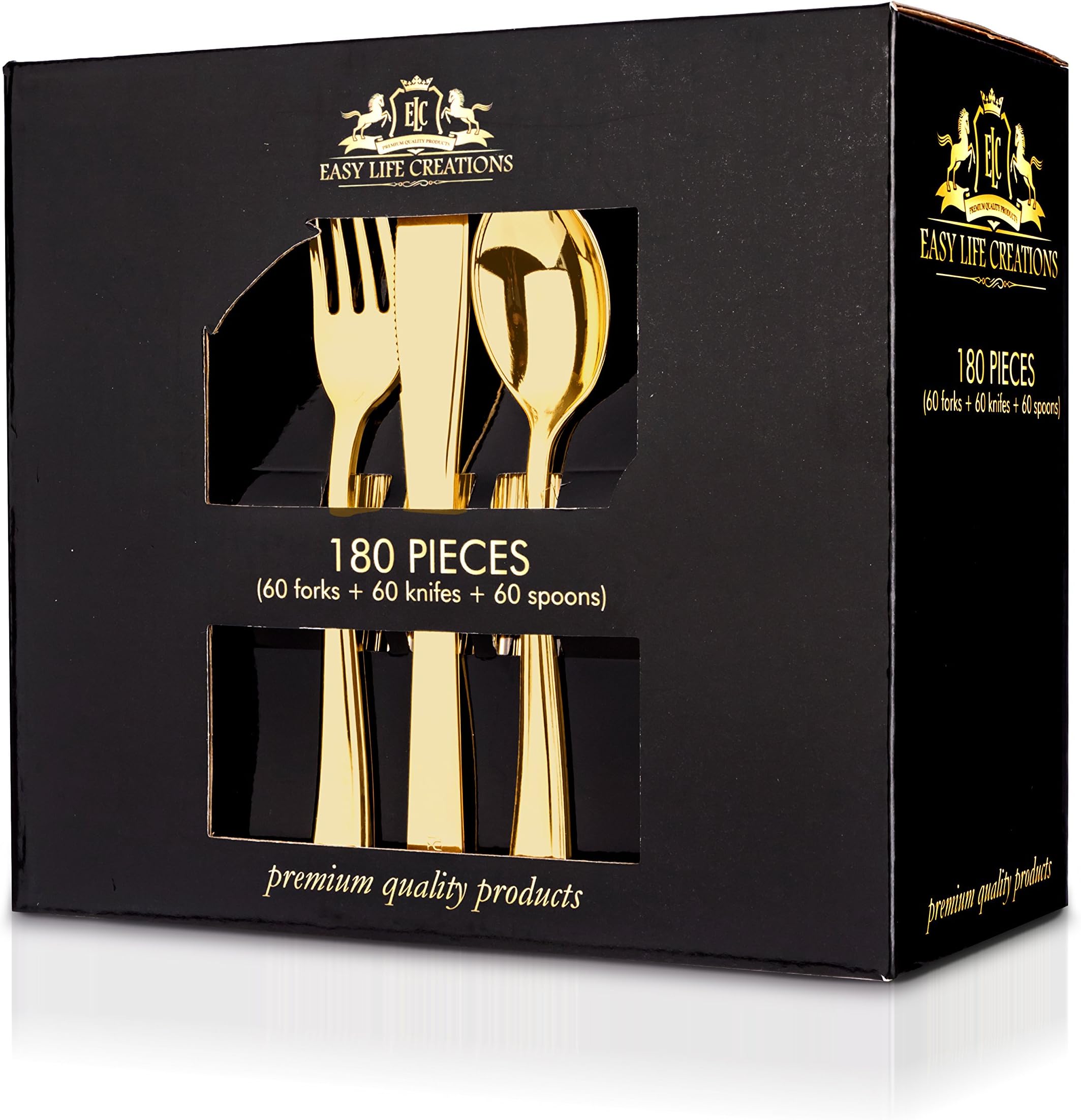 180 Pieces Gold Disposable Plastic Flatware Utensils Set: Easy Life Creations Fork, Spoon and Knife Home Kitchen Cutlery Silverware - Modern Dinner and Party Kitchenware Forks, Spoons and Knives