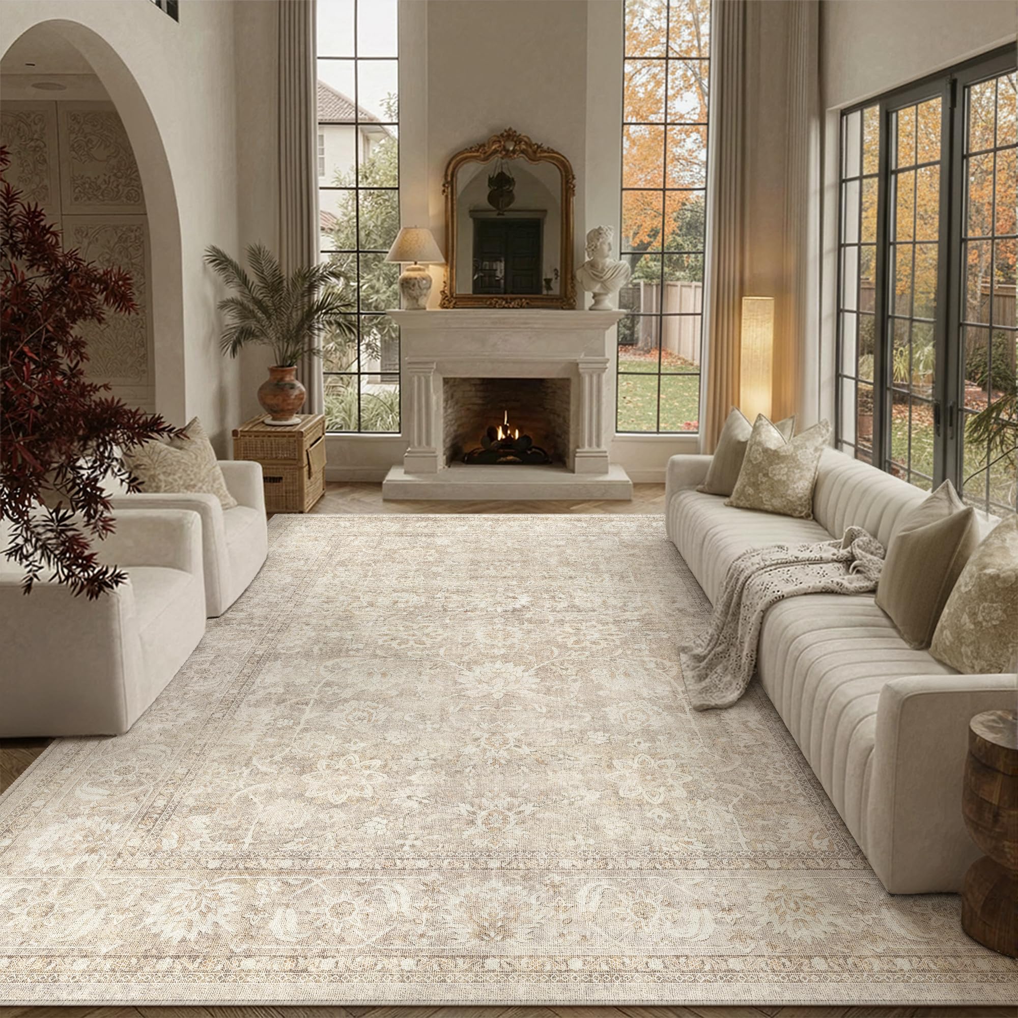 PureCozy Beige Rugs Living Room Large Washable Rug 200x300cm Non Slip Carpet for Bedroom Vintage Carpets Office Kitchen Dining Room Indoor Soft Low Pile Mat