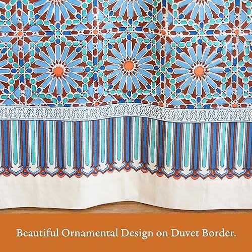 Miniatura 4 de Saffron Marigold Funda de edredón geométrica azul tamaño Queen, 100% algodón, reversible, estampado a mano, funda de cama decorativa para decoración