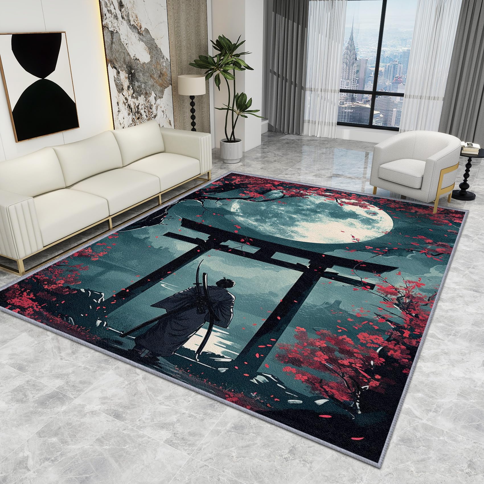 Japanese Style Rug - Japanese Rug - Japan Samurai Torii Cherry Blossom Rugs, Full Moon Carpet, Washable Rug Non Slip Low Pile Soft Small Area Rugs, Japanese Home Decor Gifts, 60 X 90 cm