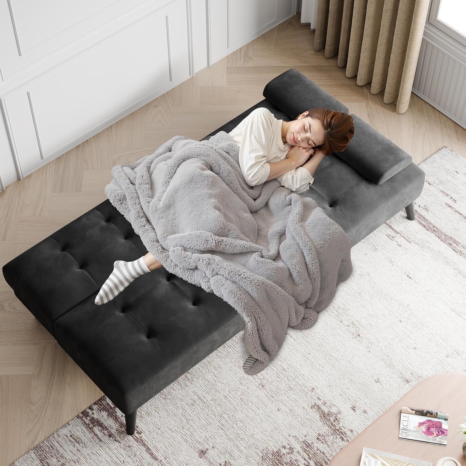 JAMFLY Futon Sofa Bed, 64" Small Futon Couch with Adjustable Backrest, 3-Angle Recliner, Detachable Armrests with Cup Holders for Small Spaces, Living Room, Office, Apartment (Black Velvet)