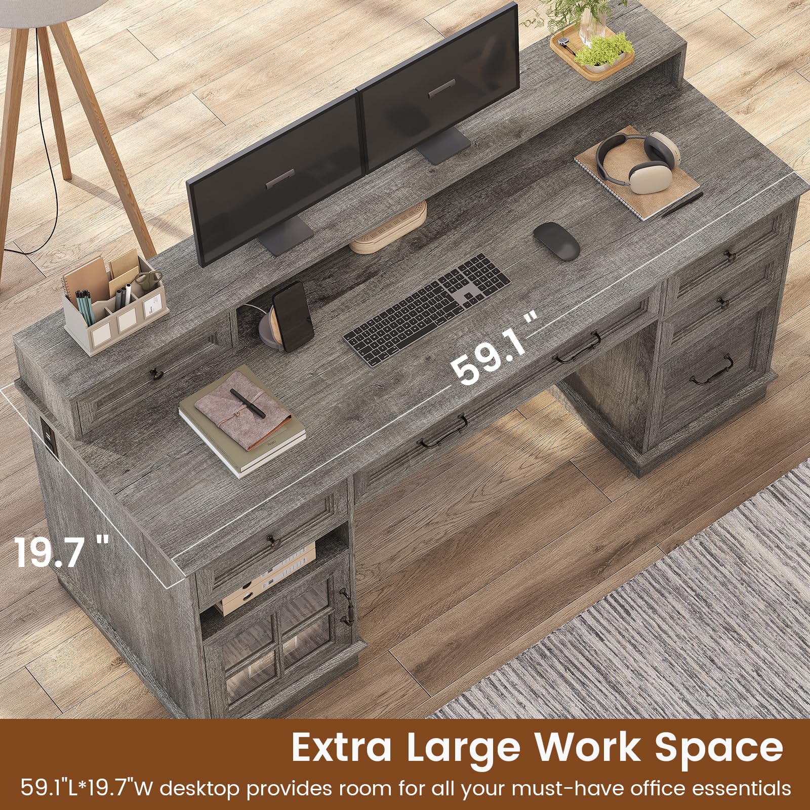 HAUOMS Farmhouse Executive Desk with Drawers Computer Desk with File Drawers, Power Outlet and Led Lights, Executive Office Desk with Storage Cabinet and Monitor Shelf for Home Office,: Grey