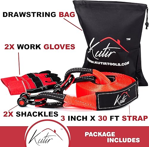 Miniatura 3 de Kutir Kit de correa de remolque de recuperación de 3 pulgadas x 30 pies  35,000 libras de capacidad de resistencia a la rotura para vehículo,