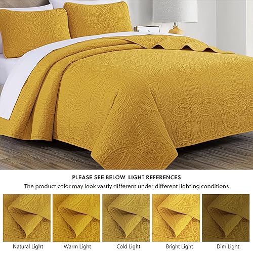 Miniatura 5 de Chezmoi Collection Austin - Juego de colcha tamaño King de 3 piezas Pinsonic acolchada de gran tamaño, tamaño King, mostaza