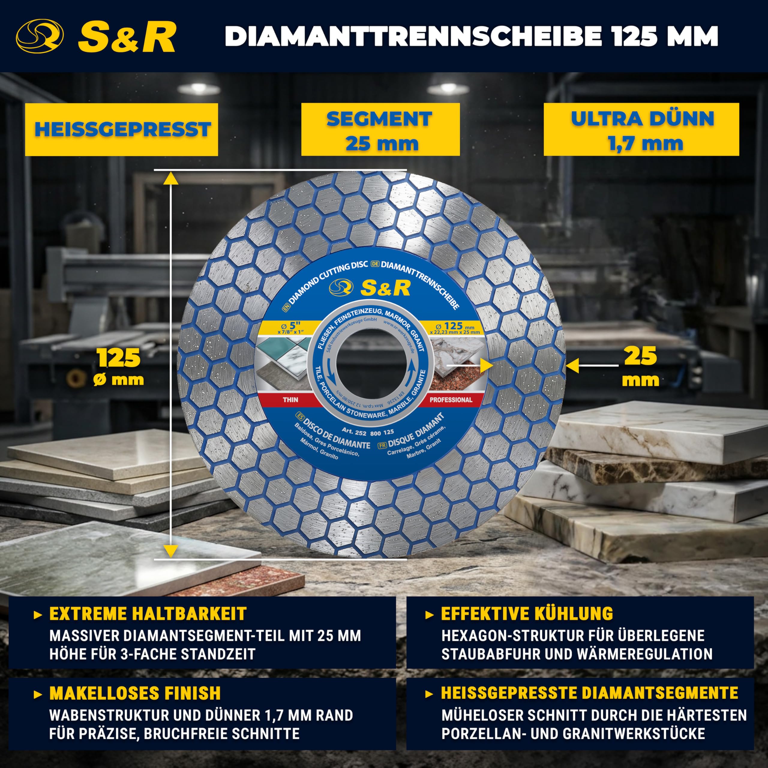 S&R Diamentowa tarcza tnąca, tarcza do cięcia 125 mm, tarcza diamentowa 125 mm, tarcza kamienna, 125 mm diamentowa tarcza tnąca 125 x 22,23/25 x 1,7 mm do porcelany, gresu, twardych płytek, kamienia