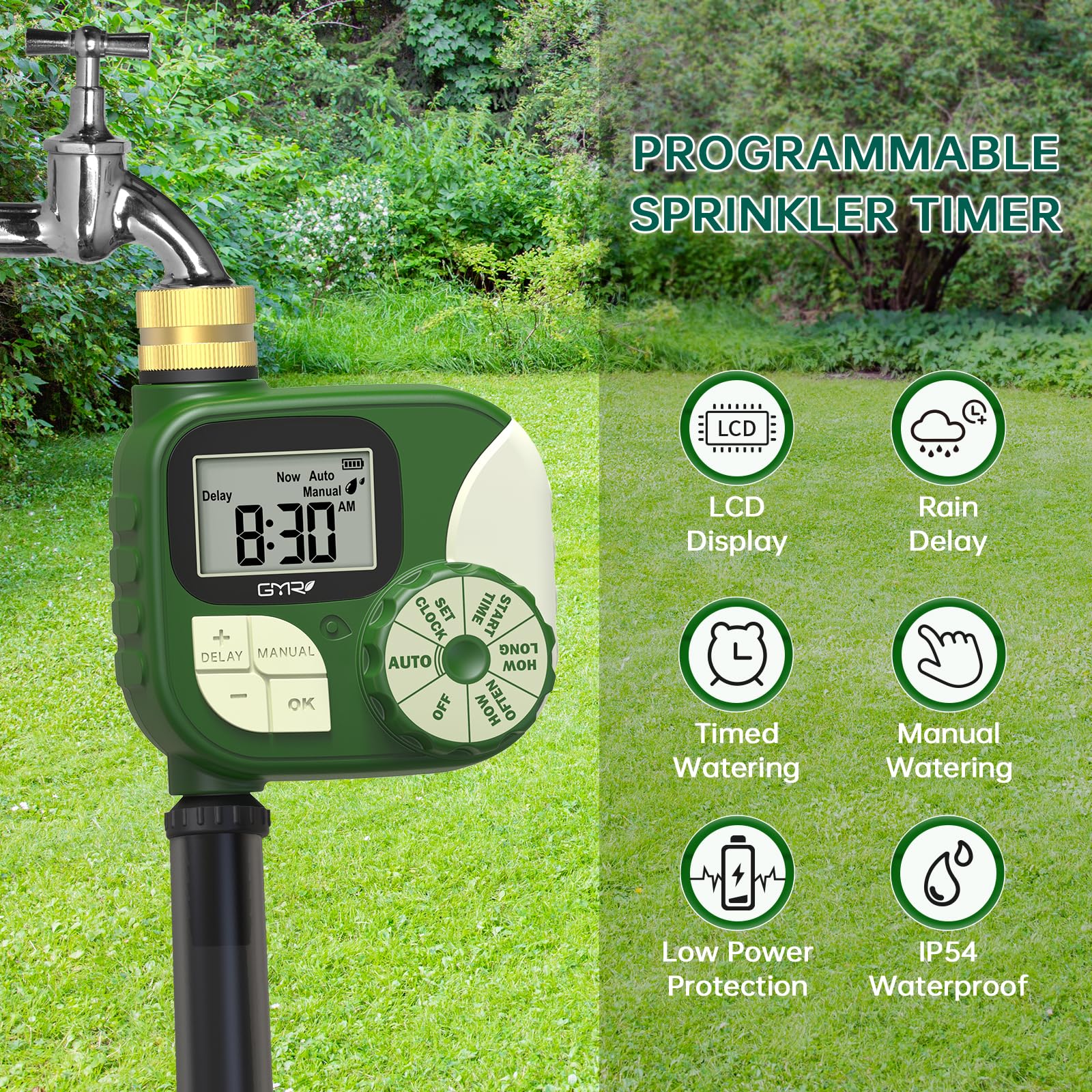 GMR Timer zraszacza, timer wody do węża ogrodowego, timer nawadniania z mosiężnym obrotowym 360°, wodoodporny timer węża do automatycznego nawadniania, ręczny / opóźnienie deszczu, 1 wylot