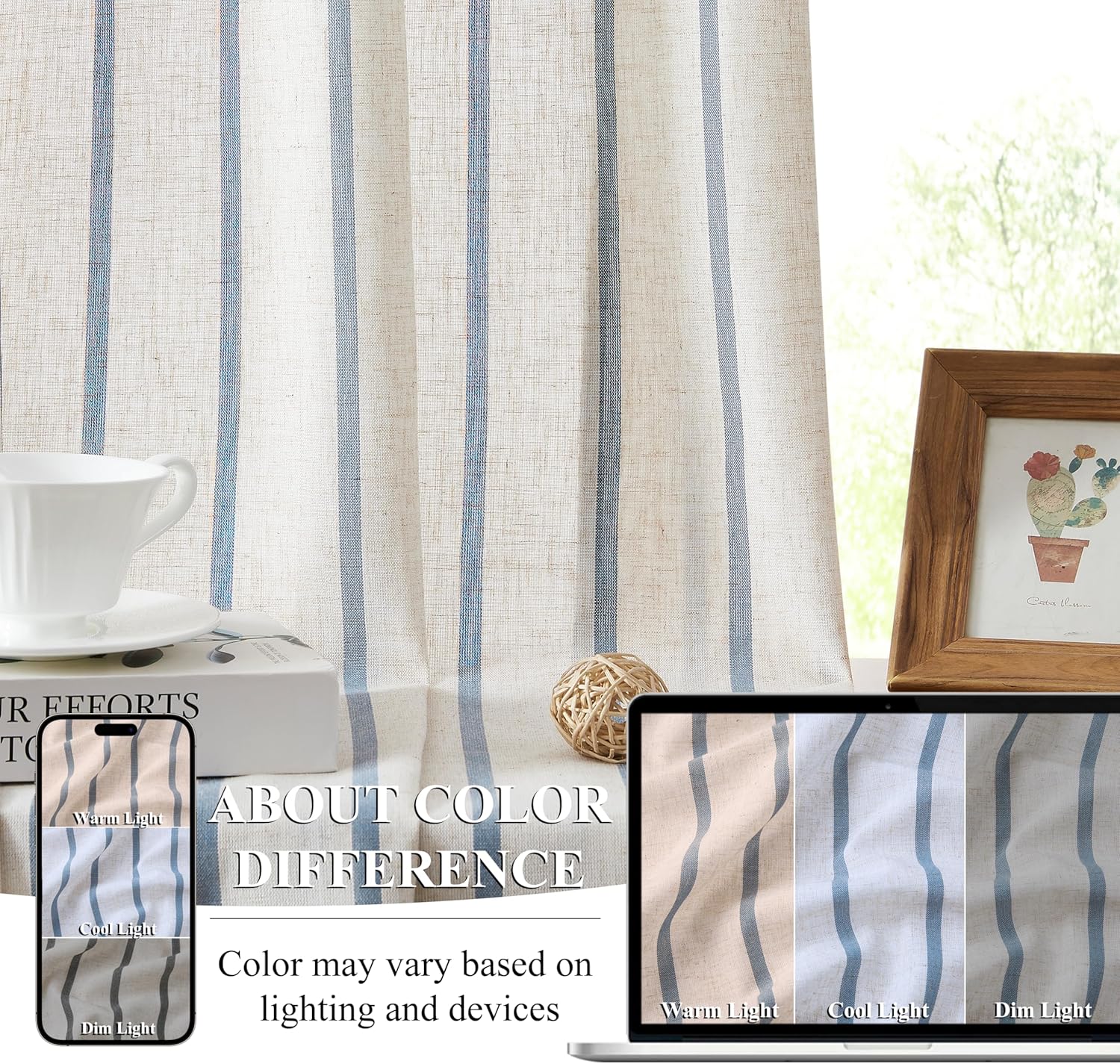 Light Filtering Curtains 95 Inches Length,Woven Dusty Blue Stripes on Beige Linen Blended Drapes,Rustic Neutral Window Treatment for Bedroom Living Room,Grommet,Dusty Blue/Beige,40"Wx95"Lx2