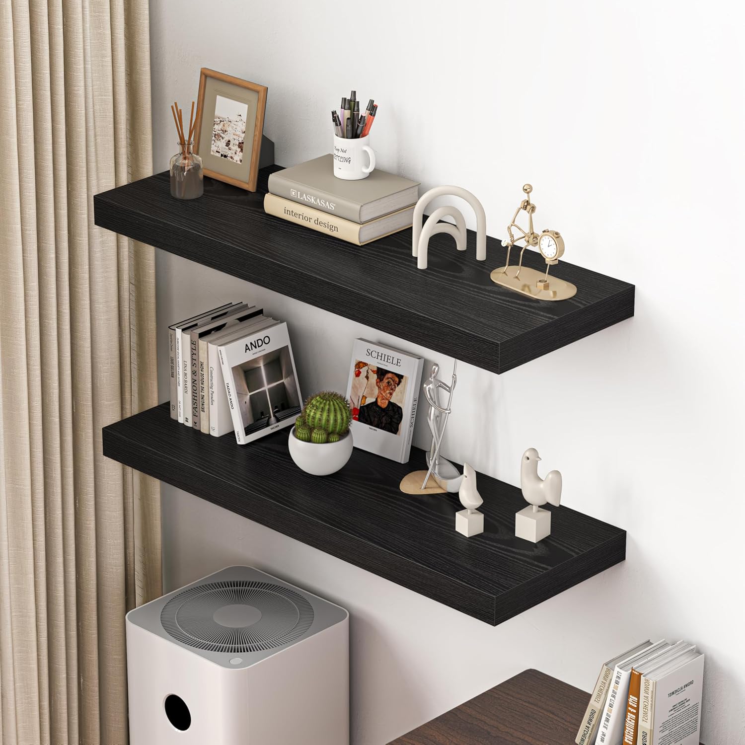 dreamland 40" floating shelves for wall, 12" deep thicker black floating shelves, wall-mounted shelves for bedroom, living room, kitchen, bathroom - set of 2 black 40"w x 12"d x 2"h, set of 2