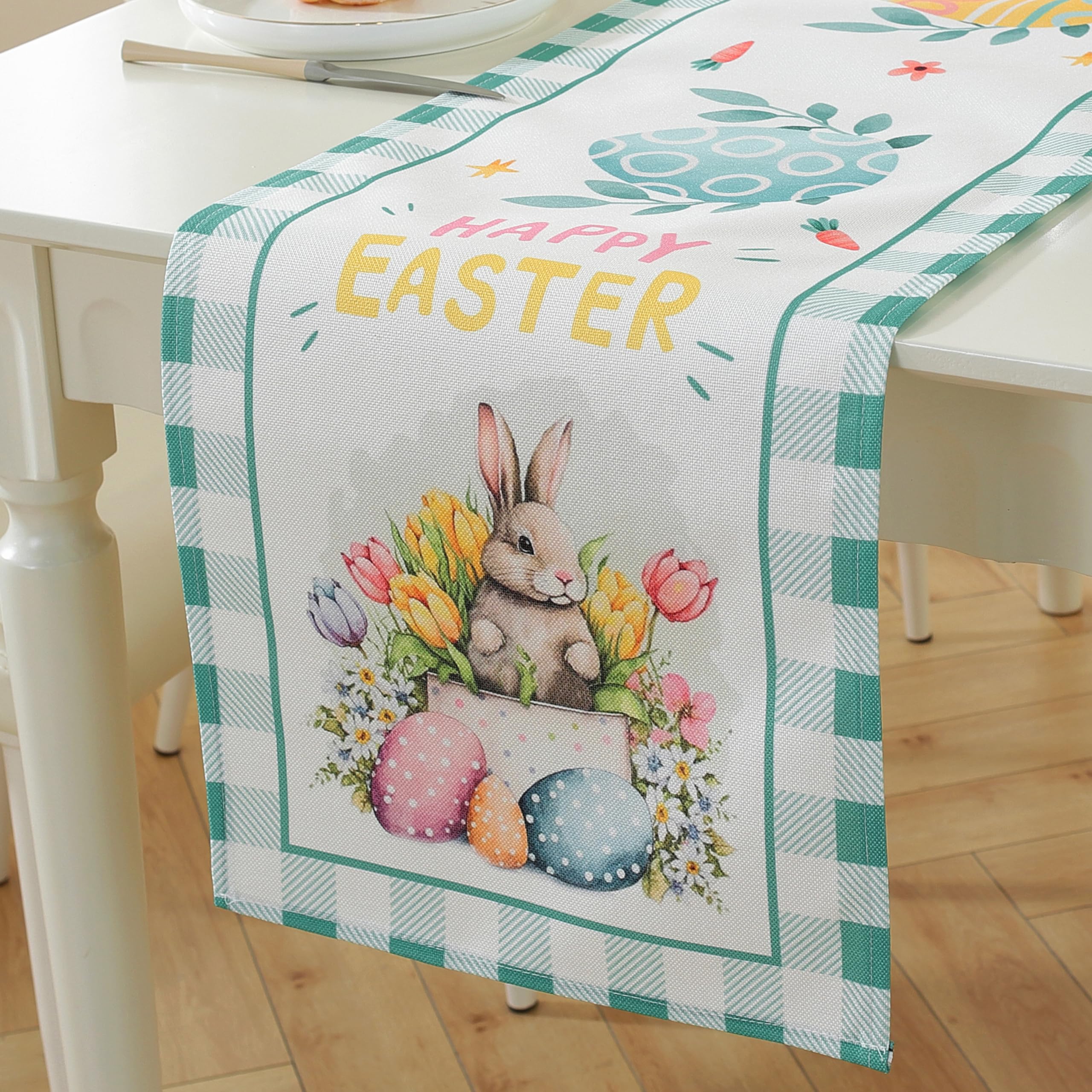meioro Easter Table Runner for Home Decor, Rabbit Eggs Plaid Check Table Runners, 30x120cm Spring Holiday Floral Table Cover, Table Decoration for Kitchen Dining Room Party (Style-A)