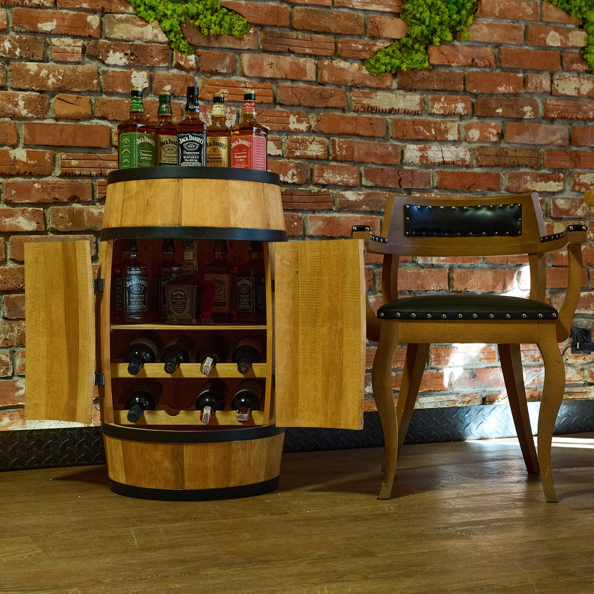 CREATIVE COOPER Tonneau à vin avec porte, chaise longue et étagère - Armoire à alcool - Étagère à bouteilles - Tonneau en bois - Meuble à vin - Étagère à vin - Casier à vin - 80 cm - Chêne